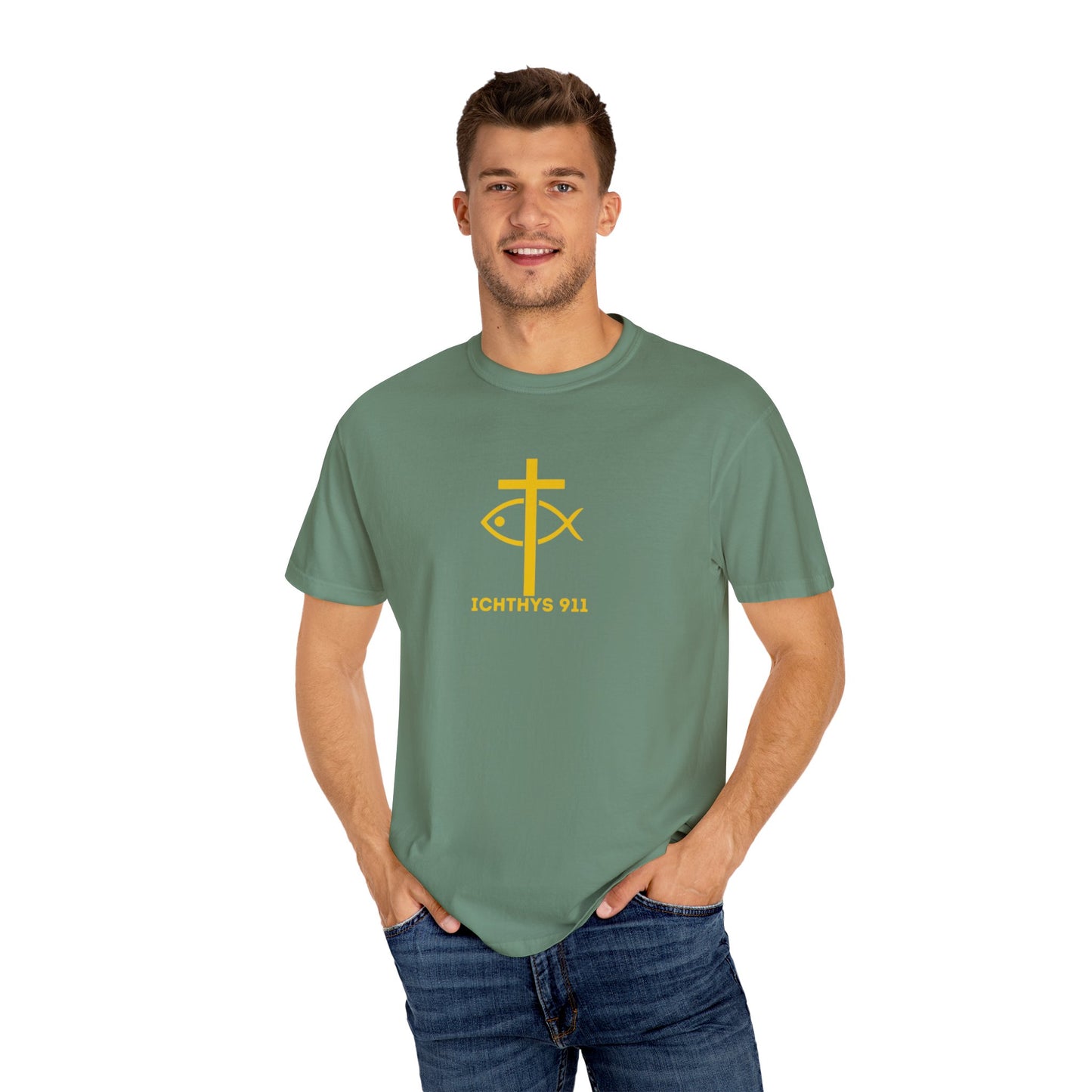 ICHTHYS 911 - "God Sees the Heart" Reverse' Gold Font - Unisex Garment - Dyed T-Shirt - 100% US Cotton - Men T-Shirt - Women T-Shirt - Inspirational Graphic T-Shirt for Everyday Motivation