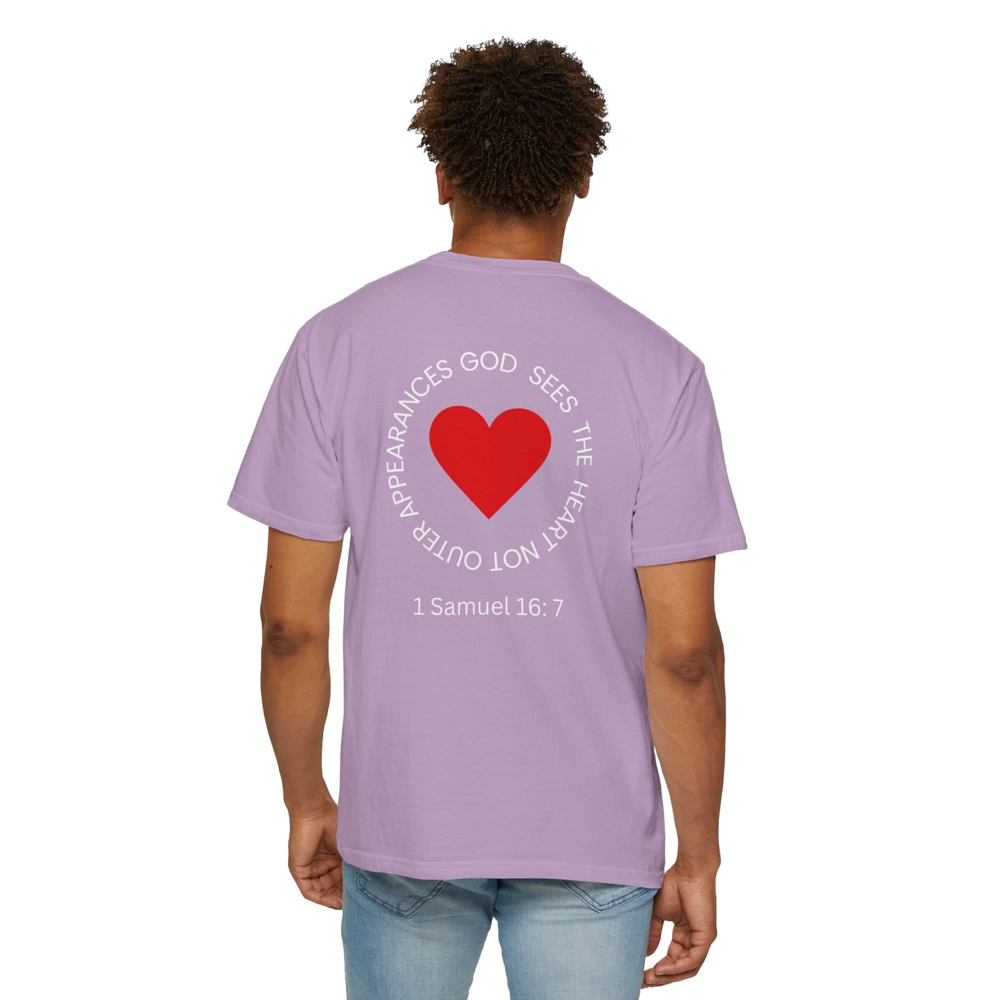 ICHTHYS 911 -  "God Sees the Heart" - White Font - Unisex Garment - Dyed T-Shirt - Inspirational Graphic T-Shirt for Everyday Motivation - 100% US cotton