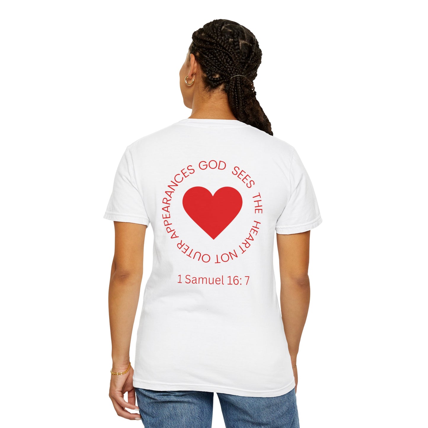 ICHTHYS 911 -  "God Sees the Heart" - White Font - Unisex Garment - Dyed T-Shirt - Inspirational Graphic T-Shirt for Everyday Motivation - 100% US cotton