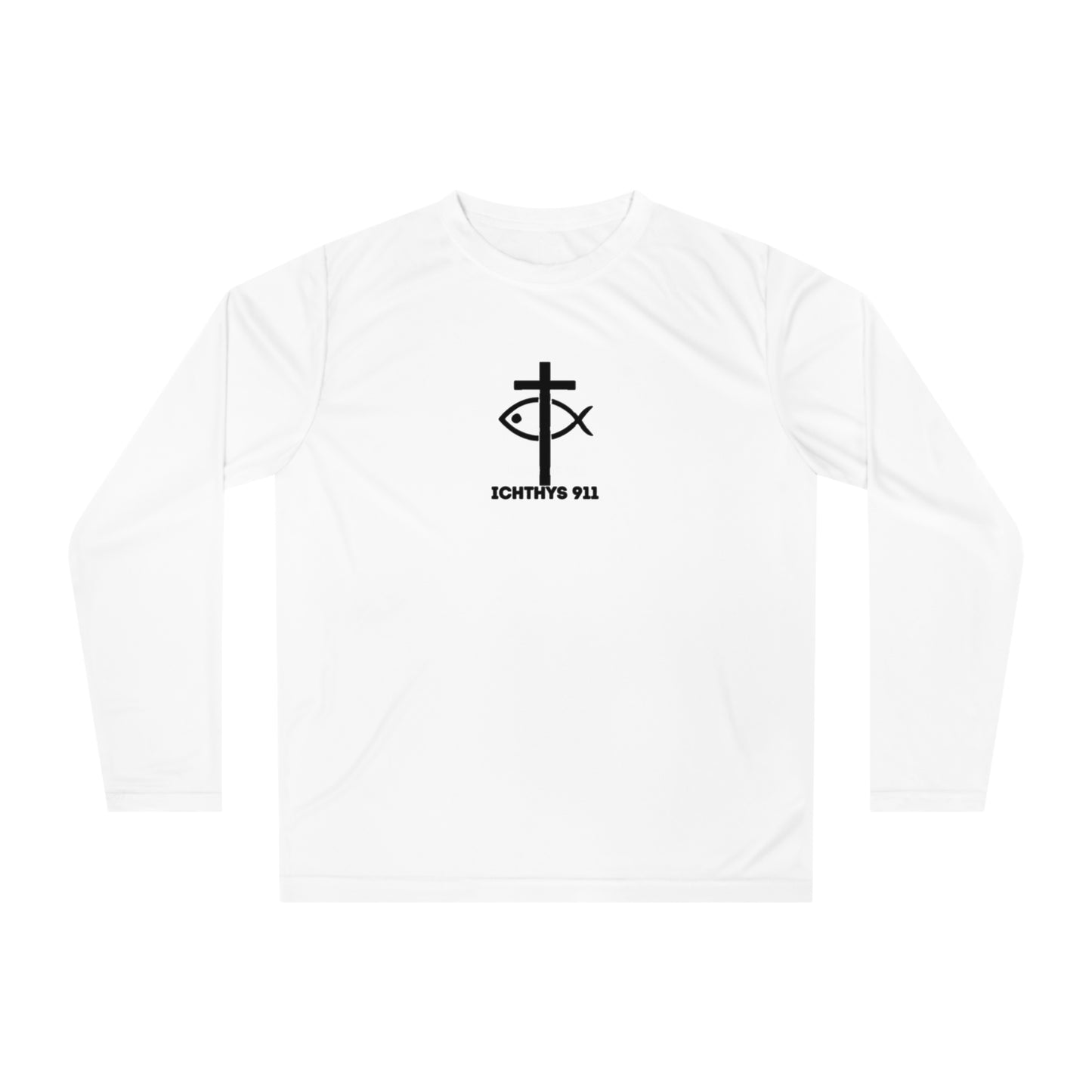 ICHTHYS 911 "Faith & Strength" White Font - Unisex Performance Long Sleeve Shirt - Christian Activewear - Men - Women -100% Moisture-Wicking Poly