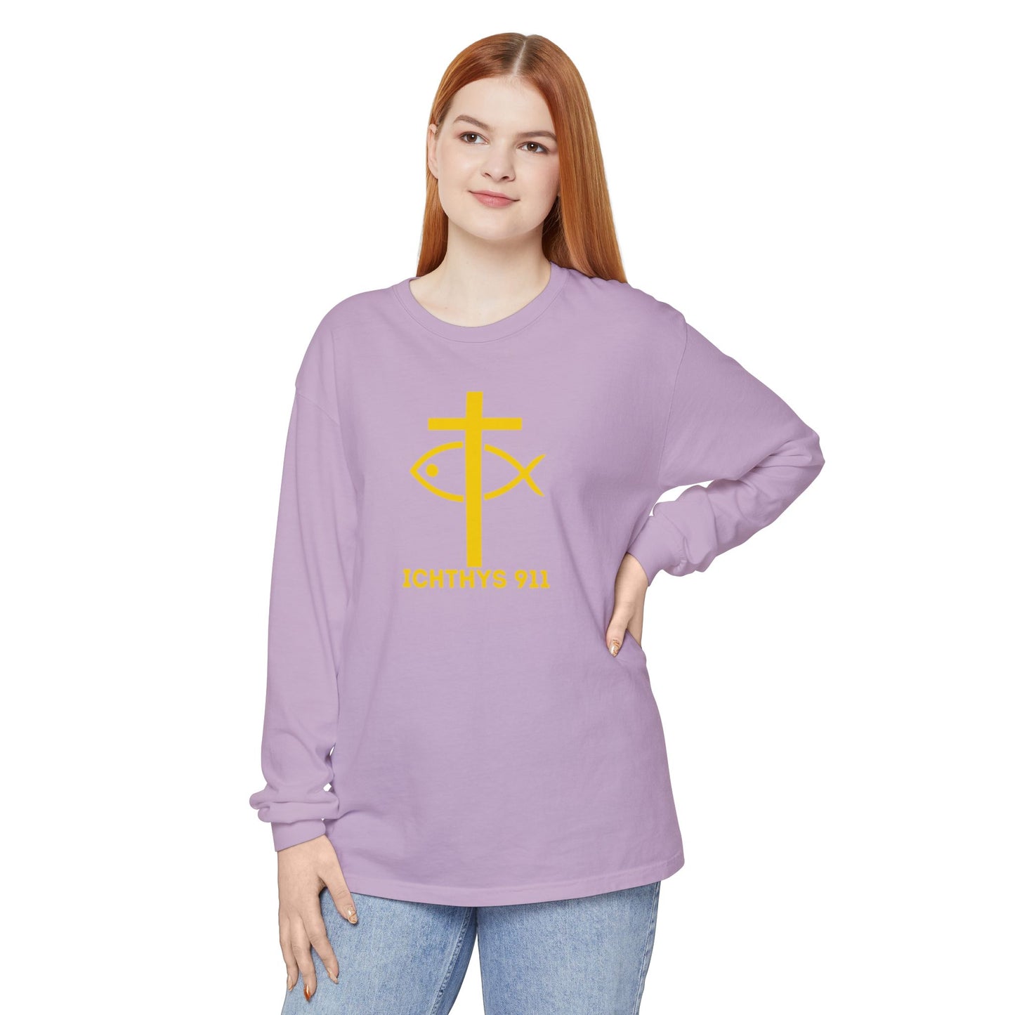 Authentic ICHTHYS 911 Collection -  Gold Font - Unisex Garment Dyed Long Sleeve T-Shirt - Men Long Sleeve - Women Long Sleeve - Christian Faith Symbol Tee - Faith Inspired