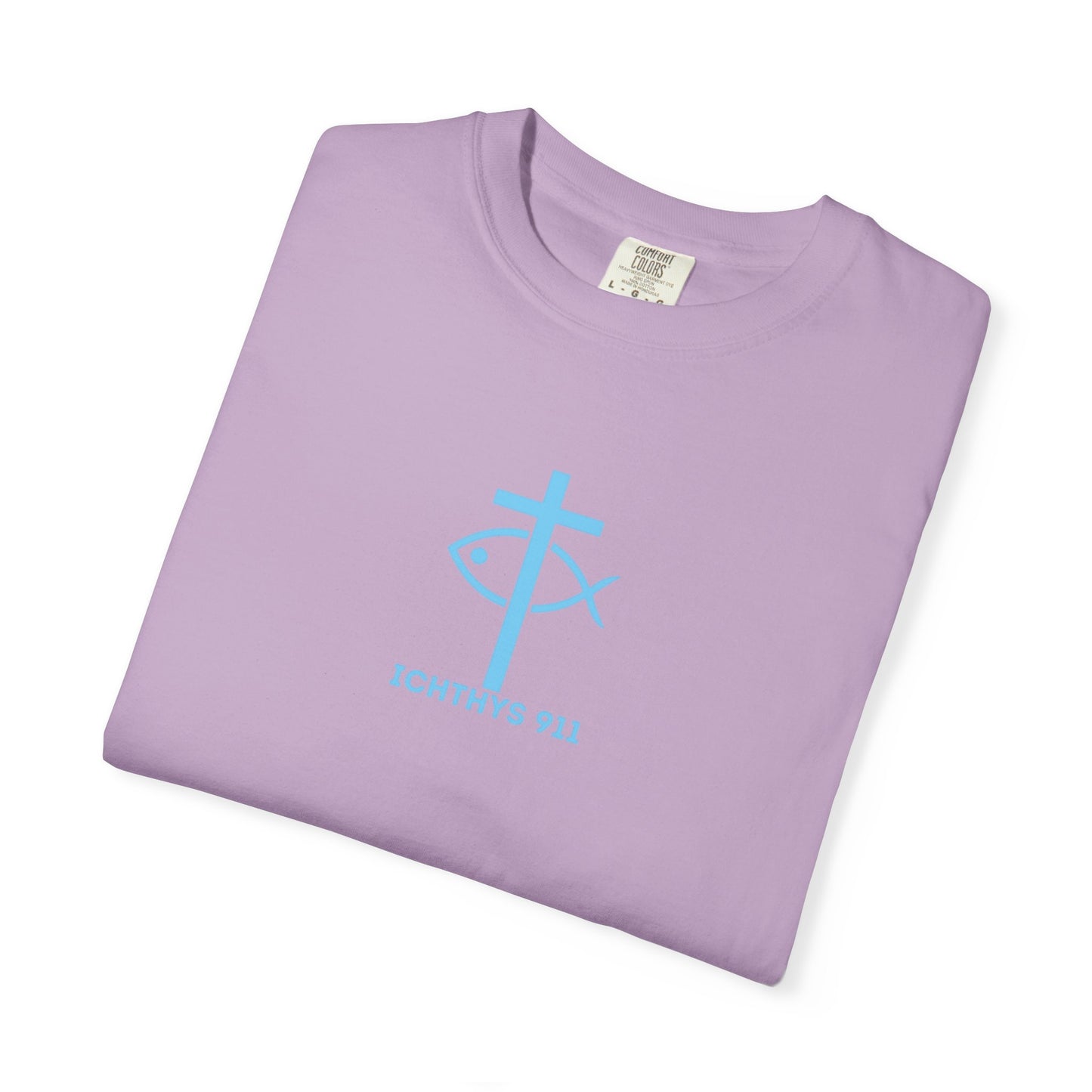 ICHTHYS 911 - "Jesus Christ Son of God Savior" Blue Font - Christian Streetwear T-Shirt – Jesus Gym & Faith Fashion, Unisex Garment-Dyed T-Shirt Blue Font