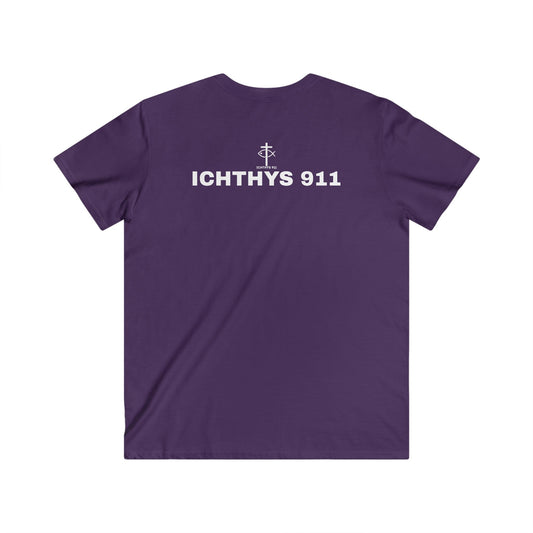 ICHTHYS 911 - White Font "Authentic Collection" - Men's Fitted V-Neck Short Sleeve T - Shirt - Faith-Inspired - Christian Faith - Faith Fashion - Christian T-Shirt