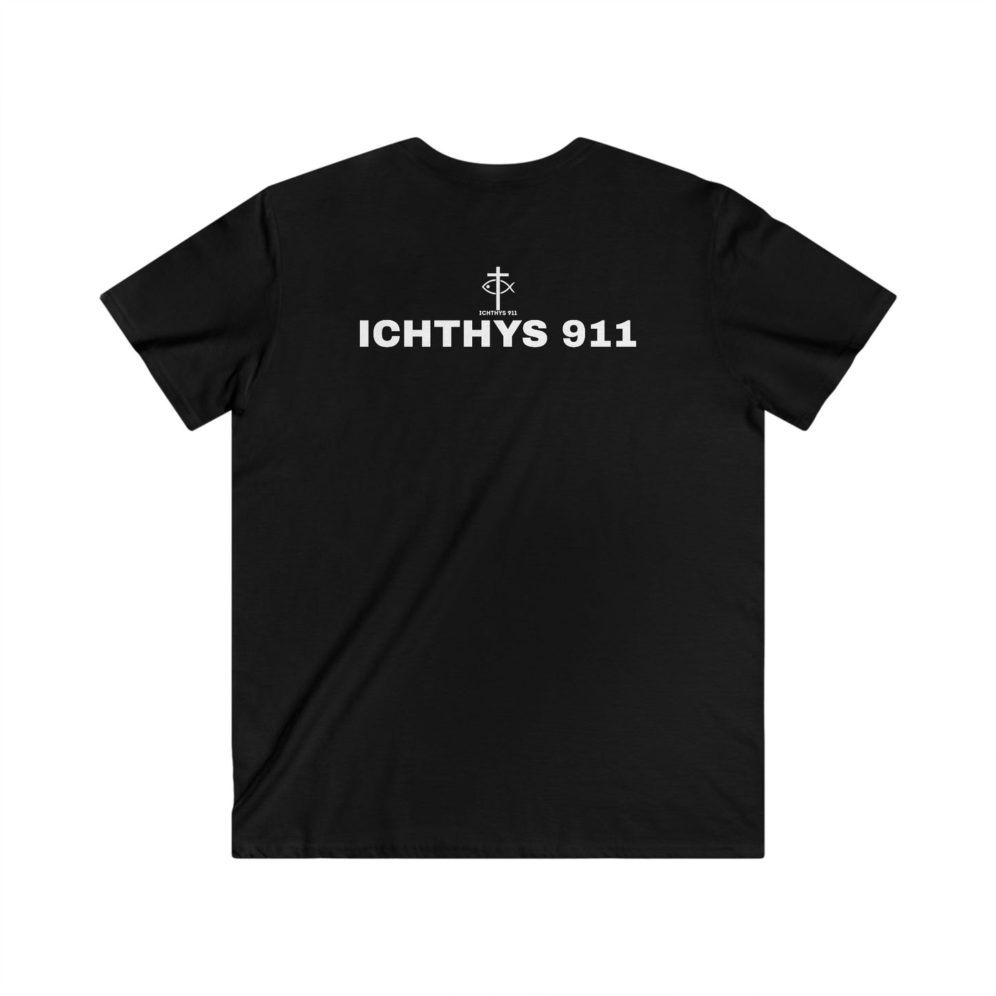 ICHTHYS 911 - White Font "Authentic Collection" - Men's Fitted V-Neck Short Sleeve T - Shirt - Faith-Inspired - Christian Faith - Faith Fashion - Christian T-Shirt