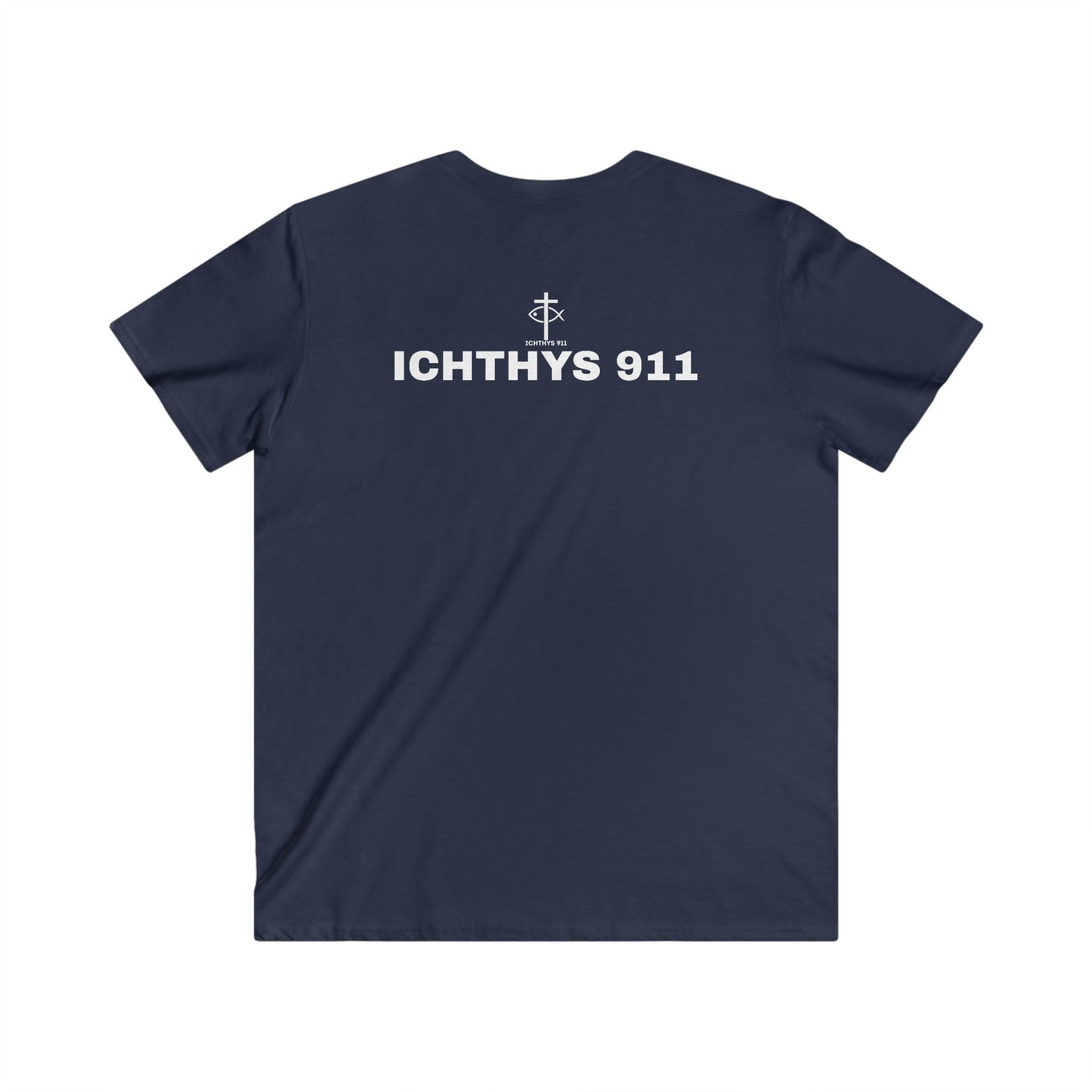 ICHTHYS 911 - White Font "Authentic Collection" - Men's Fitted V-Neck Short Sleeve T - Shirt - Faith-Inspired - Christian Faith - Faith Fashion - Christian T-Shirt