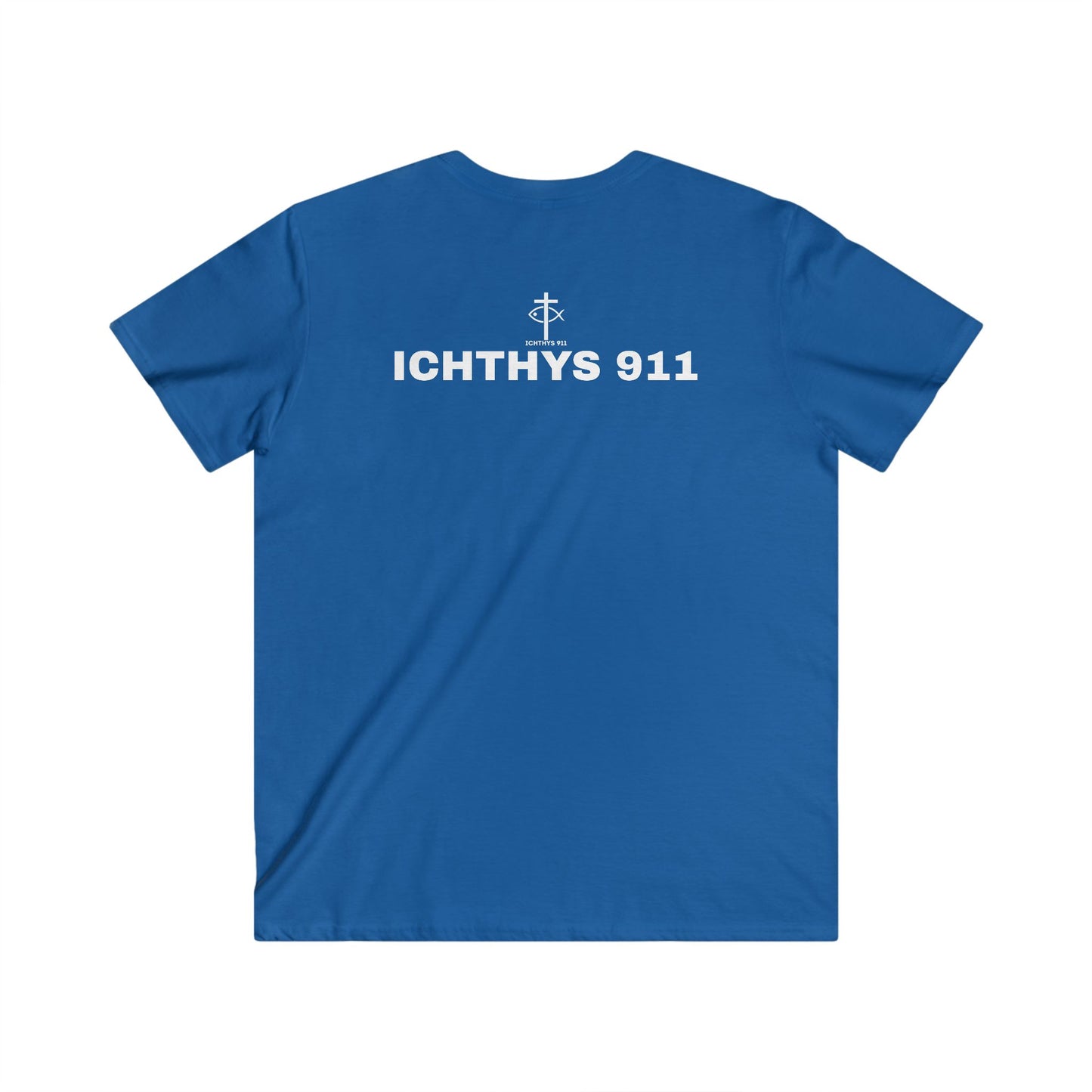 ICHTHYS 911 - White Font "Authentic Collection" - Men's Fitted V-Neck Short Sleeve T - Shirt - Faith-Inspired - Christian Faith - Faith Fashion - Christian T-Shirt