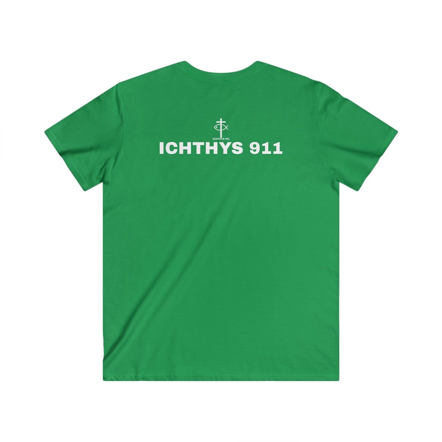 ICHTHYS 911 - White Font "Authentic Collection" - Men's Fitted V-Neck Short Sleeve T - Shirt - Faith-Inspired - Christian Faith - Faith Fashion - Christian T-Shirt
