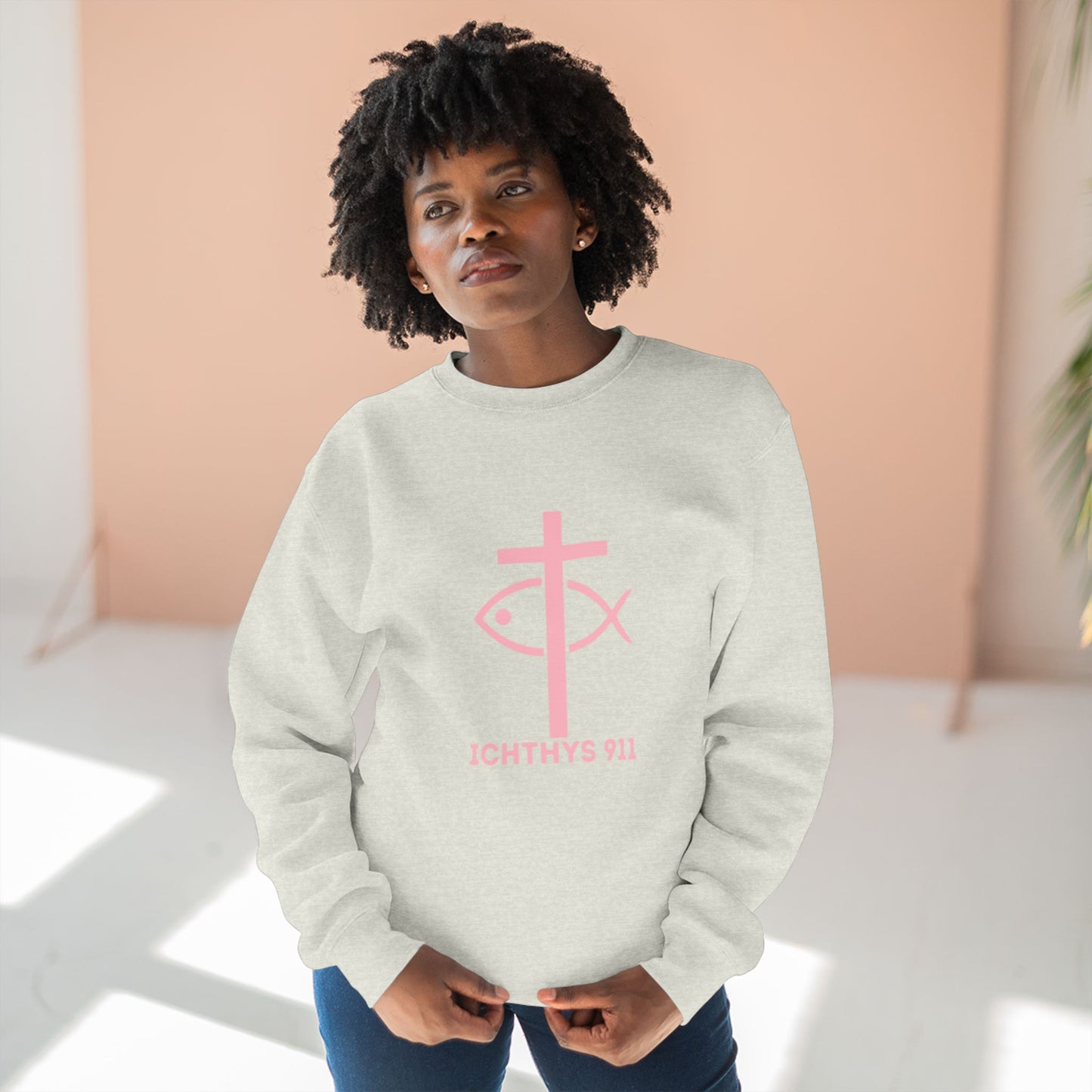 ICHTHYS 911 Minimal Pink Cross Crewneck Sweatshirt — Unisex -