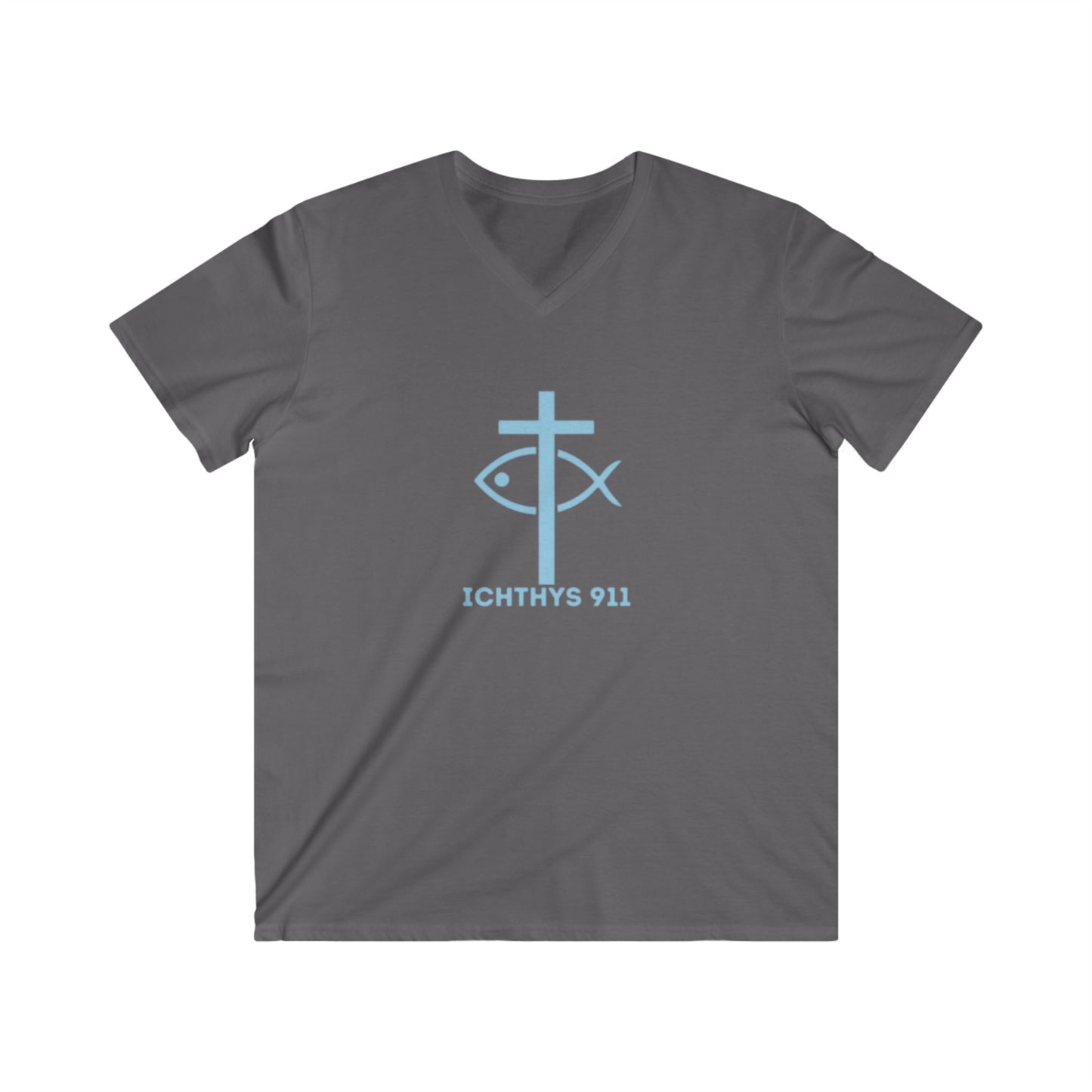 “Iēsous Christos, Theou Yios, Sōtēr" - Collection - Blue Font - Men's Fitted V-Neck Short Sleeve T - Shirt - Faith-Inspired - Christian Faith - ICHTHYS 911