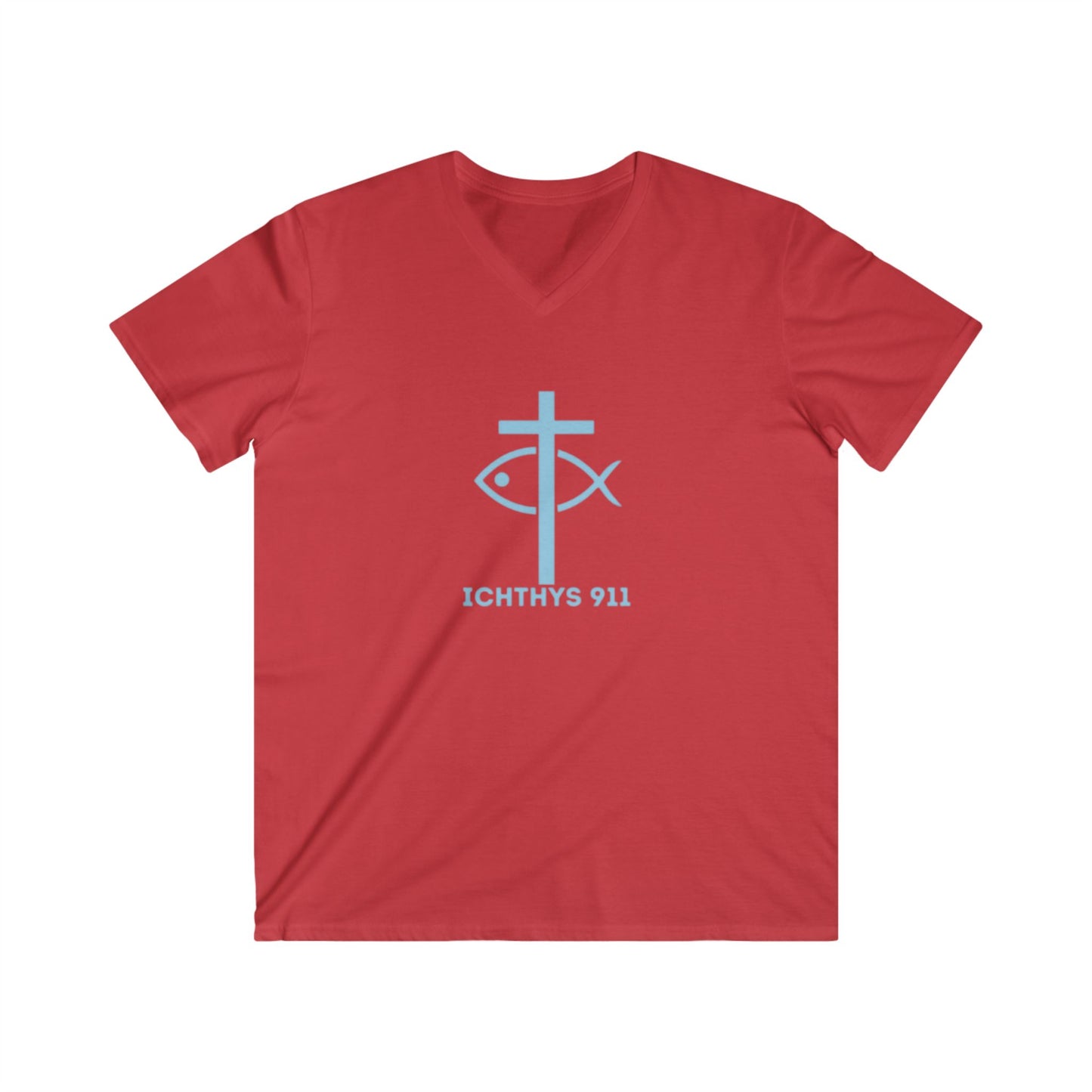 “Iēsous Christos, Theou Yios, Sōtēr" - Collection - Blue Font - Men's Fitted V-Neck Short Sleeve T - Shirt - Faith-Inspired - Christian Faith - ICHTHYS 911