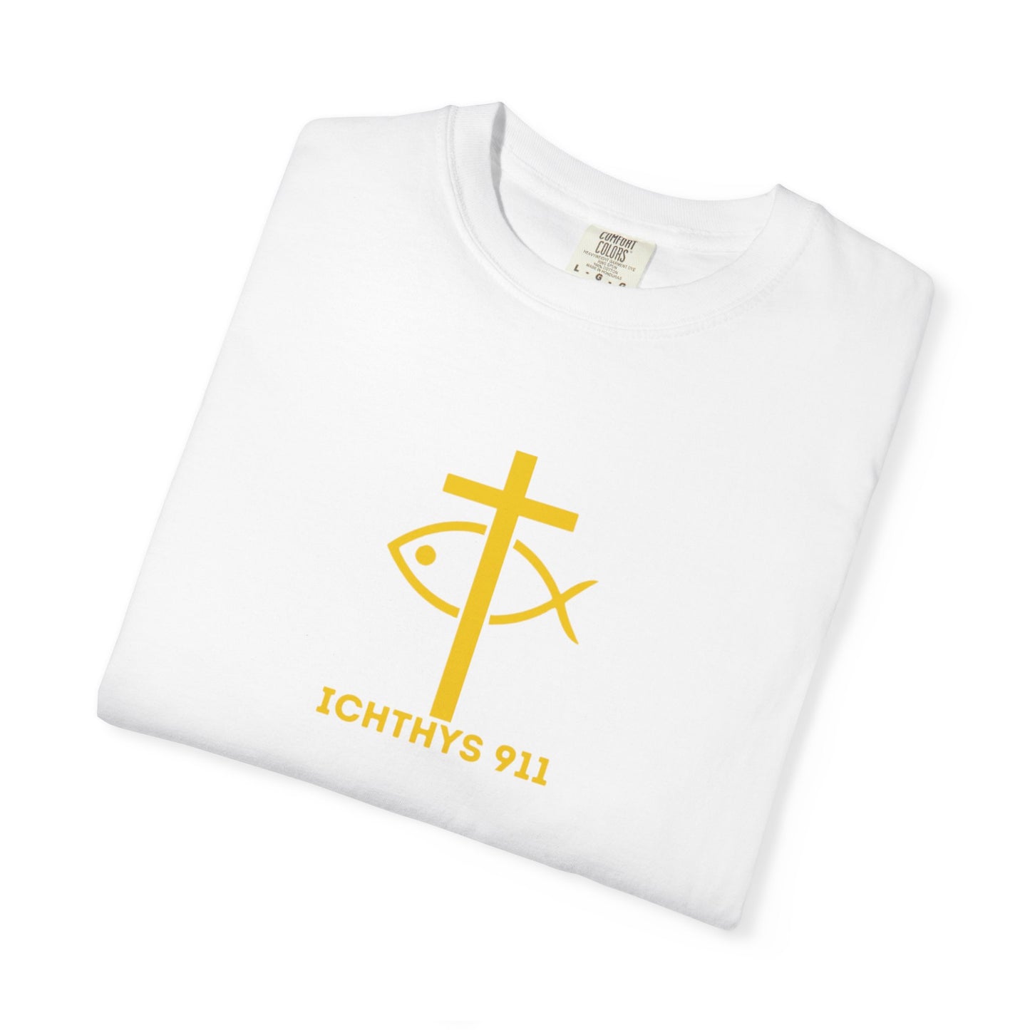 ICHTHYS 911 - "God Sees the Heart" Reverse' Gold Font - Unisex Garment - Dyed T-Shirt - 100% US Cotton - Men T-Shirt - Women T-Shirt - Inspirational Graphic T-Shirt for Everyday Motivation