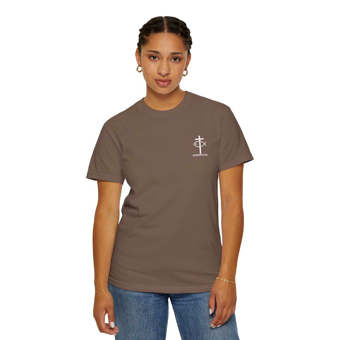 ICHTHYS 911 Badge Collection - White Font - Unisex  Garment Dyed T-Shirt - 100% US Cotton - Men T-Shirt - Women T-Shirt - Christian Graphic Tee - Gym - T - Christian Faith - Jesus Wear - White Font