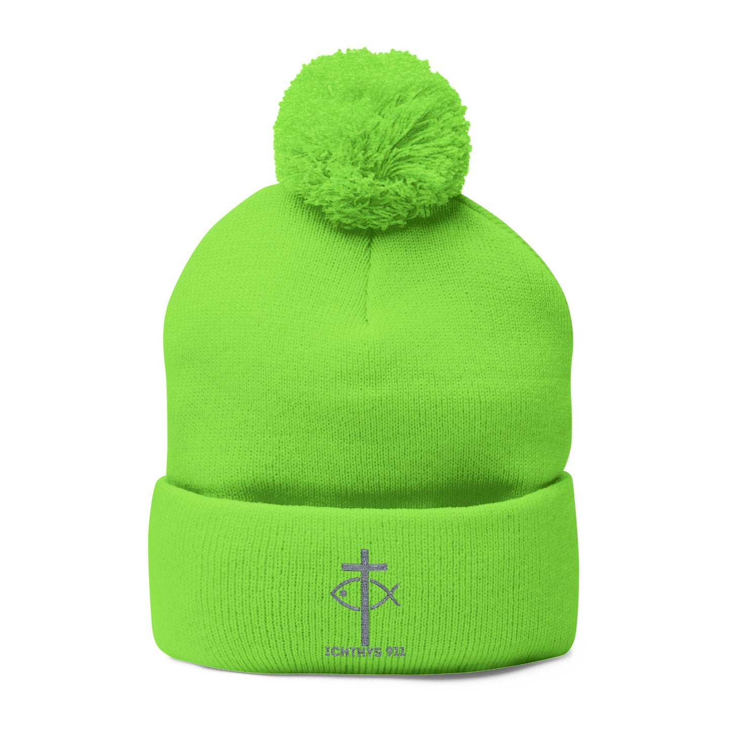 Cozy Pom-Pom Knit Cap | Winter Accessory with Embroidery - Christian Faith Wear - ICHTHYS 911 Design