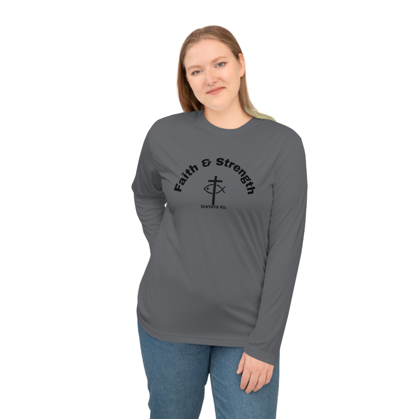 ICHTHYS 911 "Faith & Strength" - Reverse - Unisex Performance Long Sleeve Shirt - ICHTHYS 911 Christian Activewear - 100% Moisture-Wicking Poly - UPF 30+ - Men Shirt - Women Shirt
