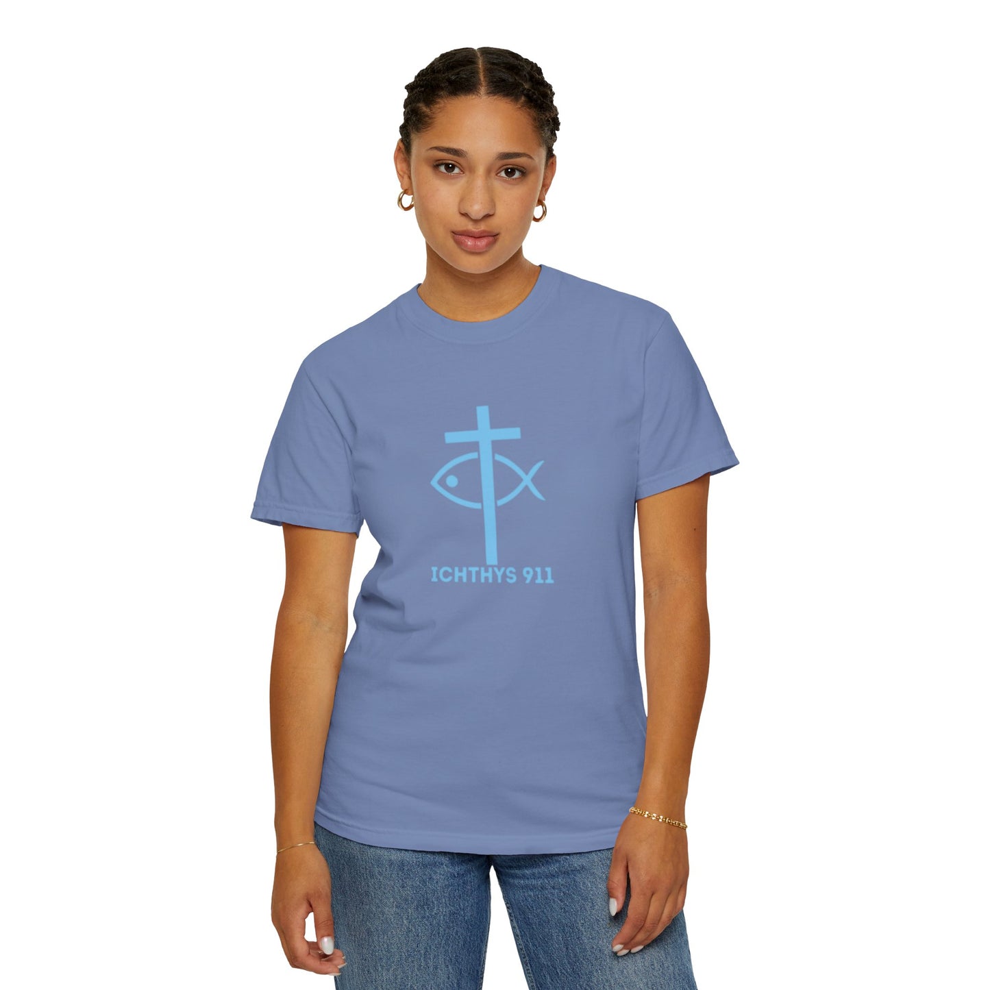 ICHTHYS 911 "Strength Through Christ Philippians 4:13" - Blue Font - Unisex Garment Dyed T- Shirt - 100% US Cotton -Men T-Shirt - Women T-Shirt- Christian Activewear - Wear Your Faith