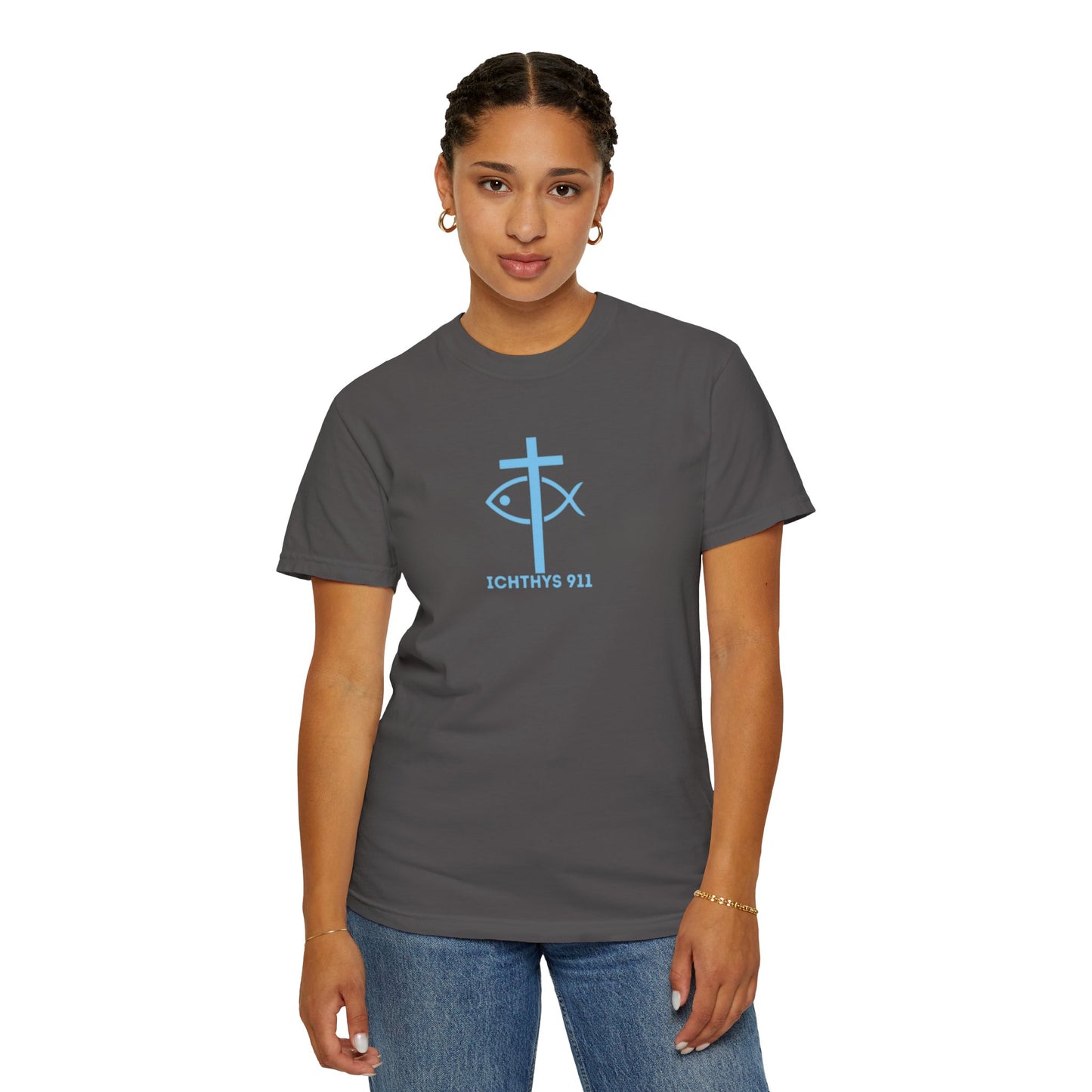 ICHTHYS 911 - Blue Font "Iēsous Christos, Theou Yios, Sōtēr" - Garment-Dyed - 100% US Cotton - Unisex T-Shirt - Men T-Shirt - Women T-Shirt - Christian Symbol - Greek - Faith Inspired -Christian Streetwear – Jesus Gym & Faith Fashion, Unisex Garment
