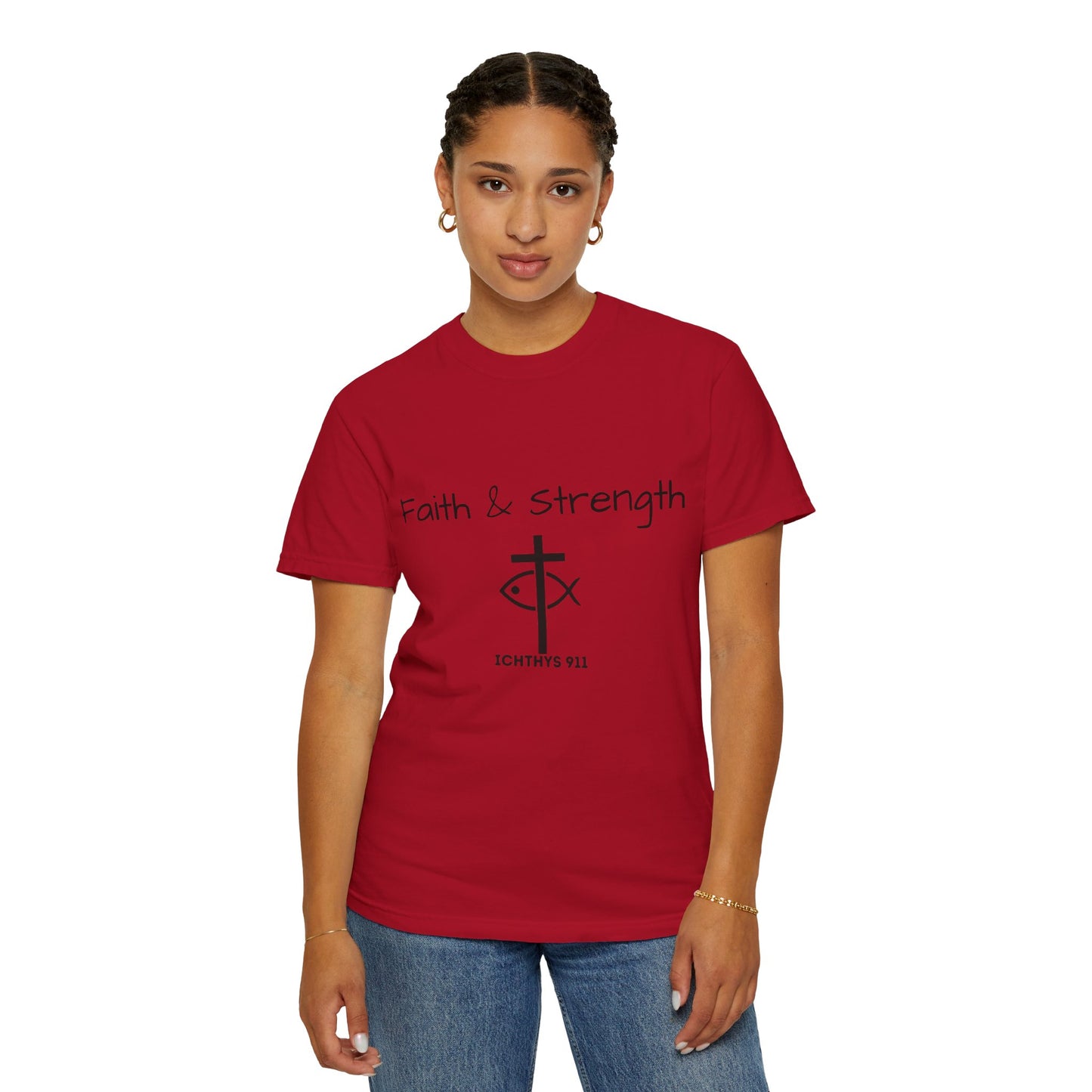 ICHTHYS 911 "Faith & Strength" Reverse - Black Font - Unisex Garment -Dyed Tee - 100% US Cotton - Men T-Shirt - Women T-Shirt - Inspirational Christian Shirt - Very Good Quality and Feel