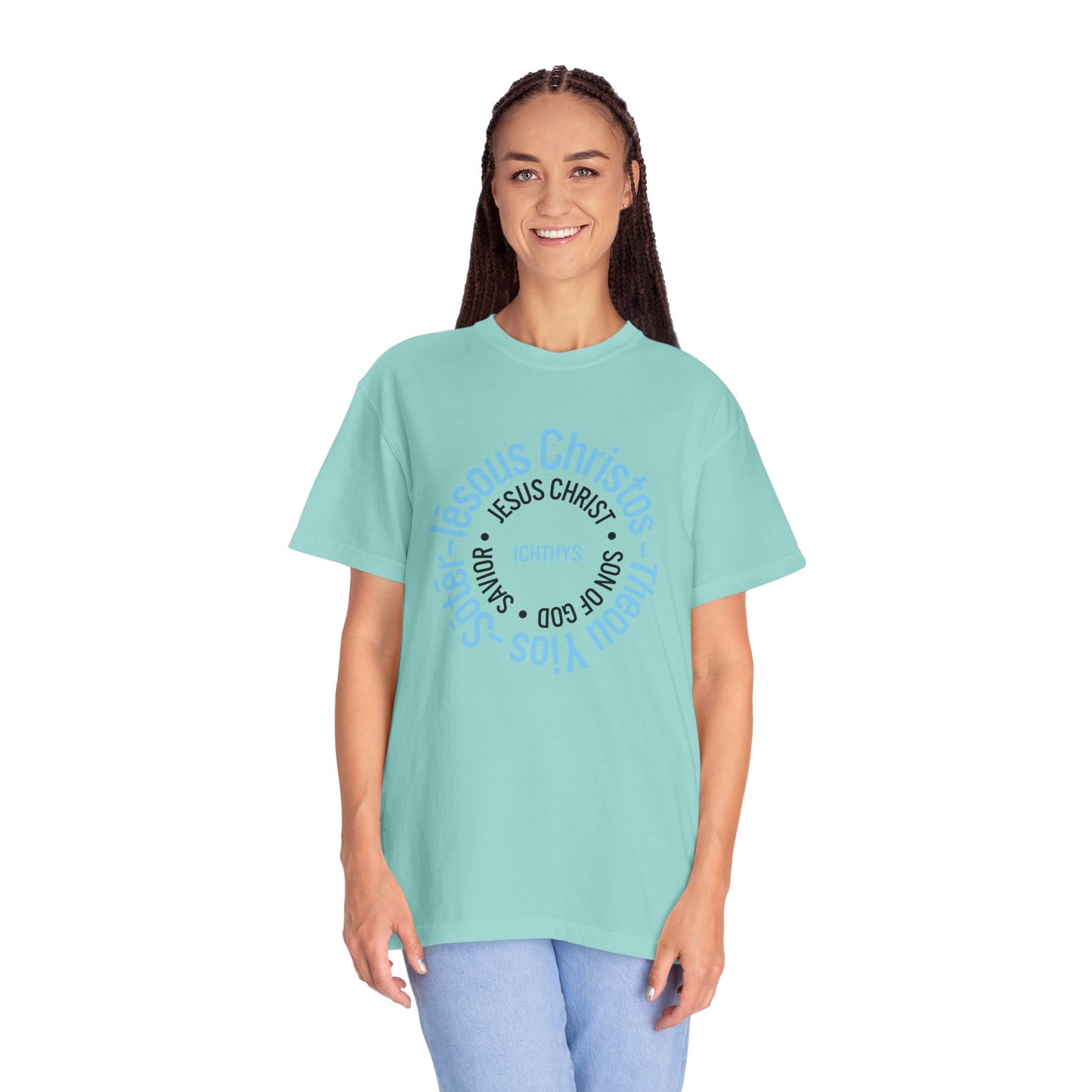 ICHTHYS 911 Blue & Black Font "Iēsous Christos, Theou Yios, Sōtēr" - Collection - Reverse Design - Unisex Garment Dyed - 100% US Cotton - Christian Graphic Tee - Gym - T - Christian Faith - Jesus Wear - Women T-Shirt - Men T-Shirt