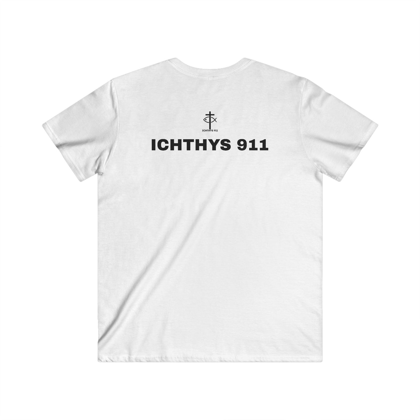 Authentic Collection -Black Font - Men's Fitted V-Neck Short Sleeve T - Shirt - Faith-Inspired featuring Christian Faith - ICHTHYS 911 - Christian Fashion - Faith Fashion