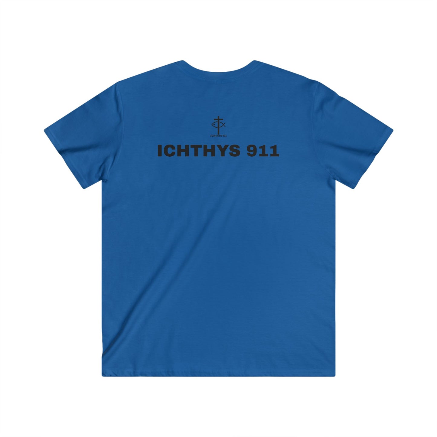 Authentic Collection -Black Font - Men's Fitted V-Neck Short Sleeve T - Shirt - Faith-Inspired featuring Christian Faith - ICHTHYS 911 - Christian Fashion - Faith Fashion
