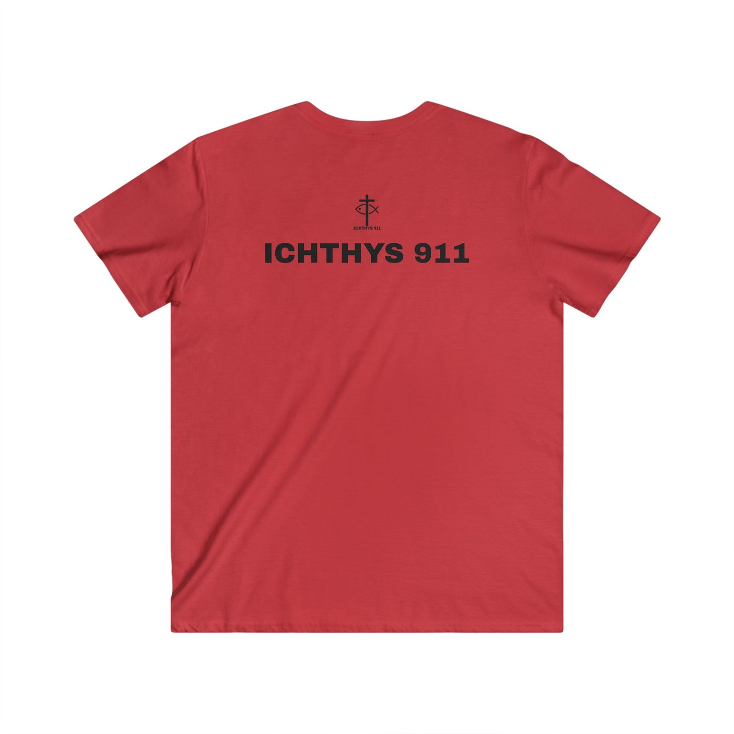 Authentic Collection -Black Font - Men's Fitted V-Neck Short Sleeve T - Shirt - Faith-Inspired featuring Christian Faith - ICHTHYS 911 - Christian Fashion - Faith Fashion