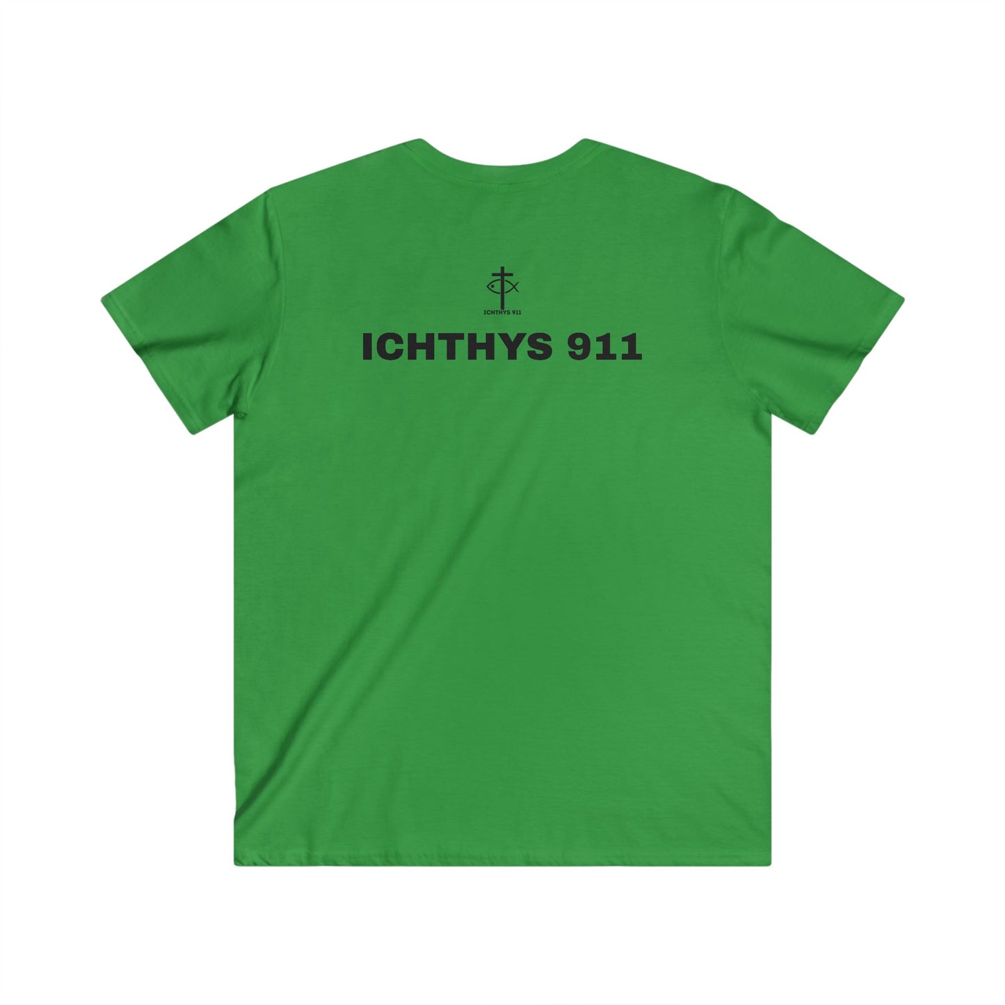Authentic Collection -Black Font - Men's Fitted V-Neck Short Sleeve T - Shirt - Faith-Inspired featuring Christian Faith - ICHTHYS 911 - Christian Fashion - Faith Fashion