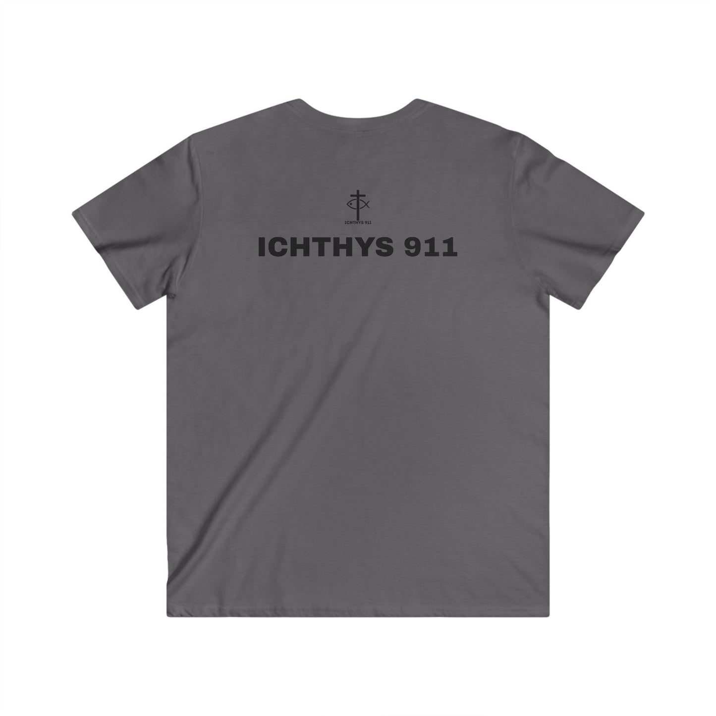 Authentic Collection -Black Font - Men's Fitted V-Neck Short Sleeve T - Shirt - Faith-Inspired featuring Christian Faith - ICHTHYS 911 - Christian Fashion - Faith Fashion
