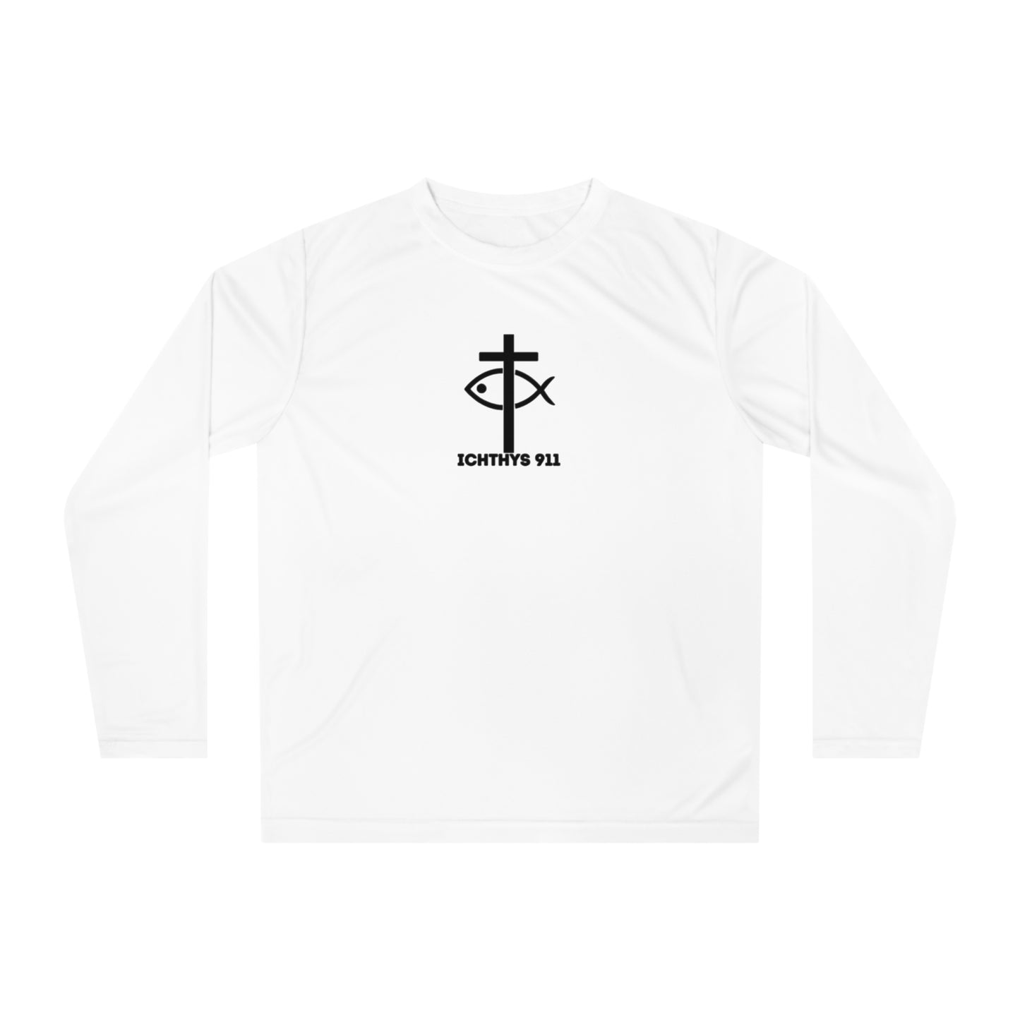 ICHTHYS 911 "Rise & Conquer Romans 8:38"  White Font - Unisex Performance Long Sleeve Shirt - Men - Women - 100% Moisture-Wicking Poly - Christian Activewear