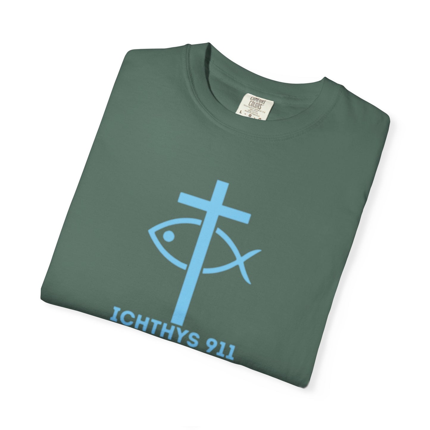 Iēsous Christos, Theou Yios, Sōtēr - Blue Font - Garment-Dyed Unisex T-Shirt - Men T-Shirt - Women T-Shirt - Christian Symbol - Greek - Faith Inspired -Christian Streetwear – Jesus Gym & Faith Fashion, Unisex Garment -ICHTHYS 911 - Additional Colors