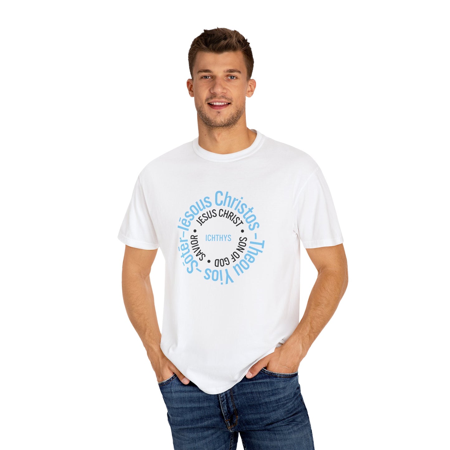 ICHTHYS 911 Blue Font "Iēsous Christos, Theou Yios, Sōtēr" - Reverse - Collection - Unisex - Christian Graphic Tee - Gym - T - Christian Faith - Jesus Wear - Women T-Shirt - Men T-Shirt