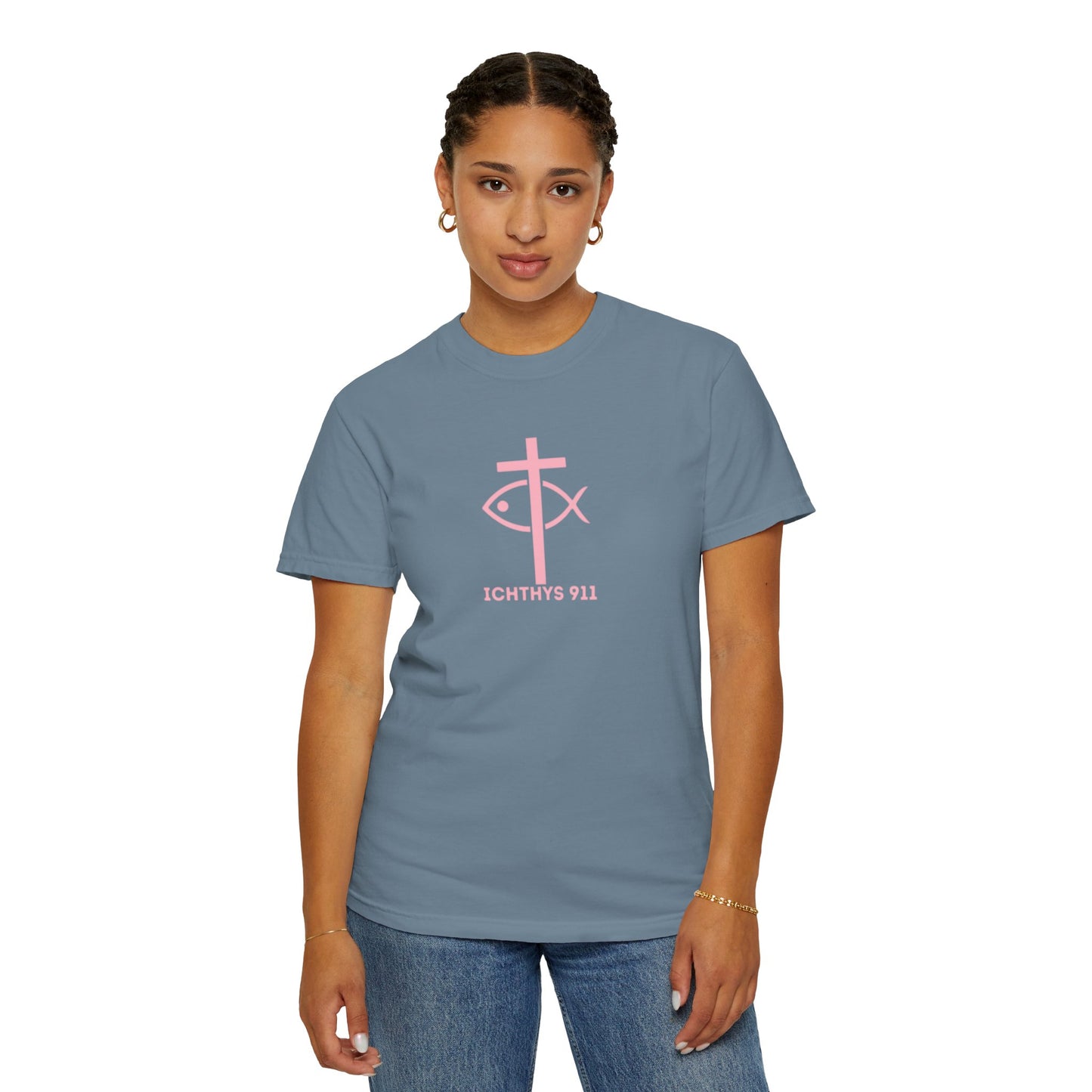 ICHTHYS 911 Pink Font "Faith, Hope, & Love" - Unisex Garment Dyed T-Shirt - 100% US Cotton - Men T-Shirt - Christian Women Tee - Faith-Inspired Shirt - Christian Fashion - Wear Your Faith - Additional Colors Added