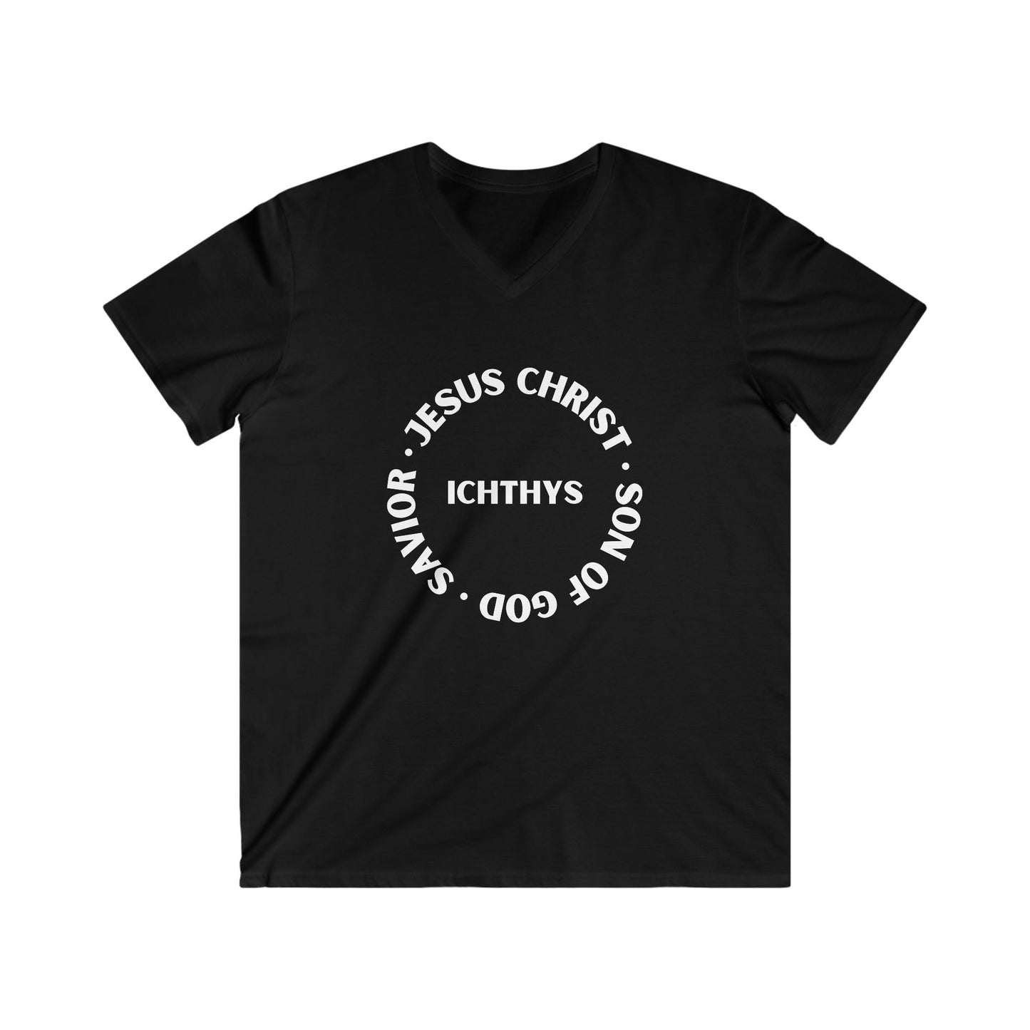 ICHTHYS 911 - Jesus Christ - Son of God - Savior Collection - Men's Fitted V-Neck Short Sleeve T - Shirt - Faith-Inspired - Christian Faith - White Font
