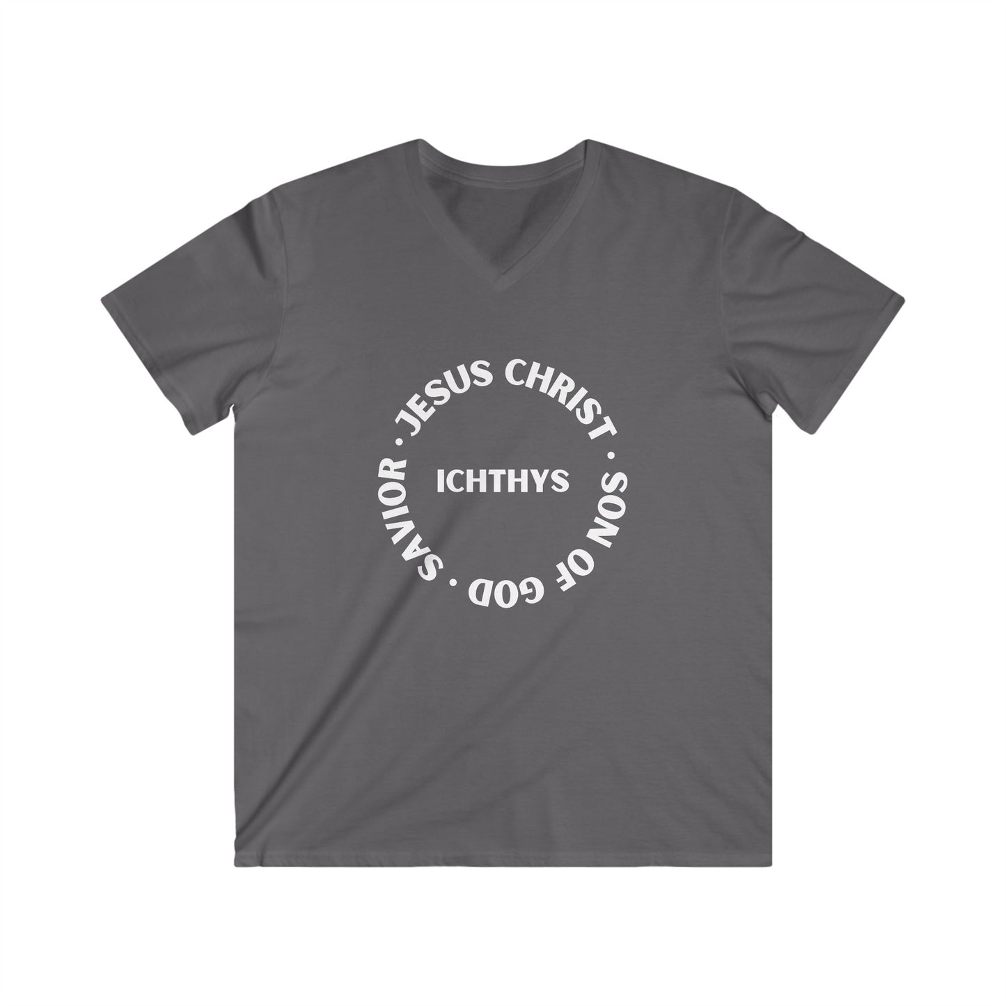 ICHTHYS 911 - Jesus Christ - Son of God - Savior Collection - Men's Fitted V-Neck Short Sleeve T - Shirt - Faith-Inspired - Christian Faith - White Font