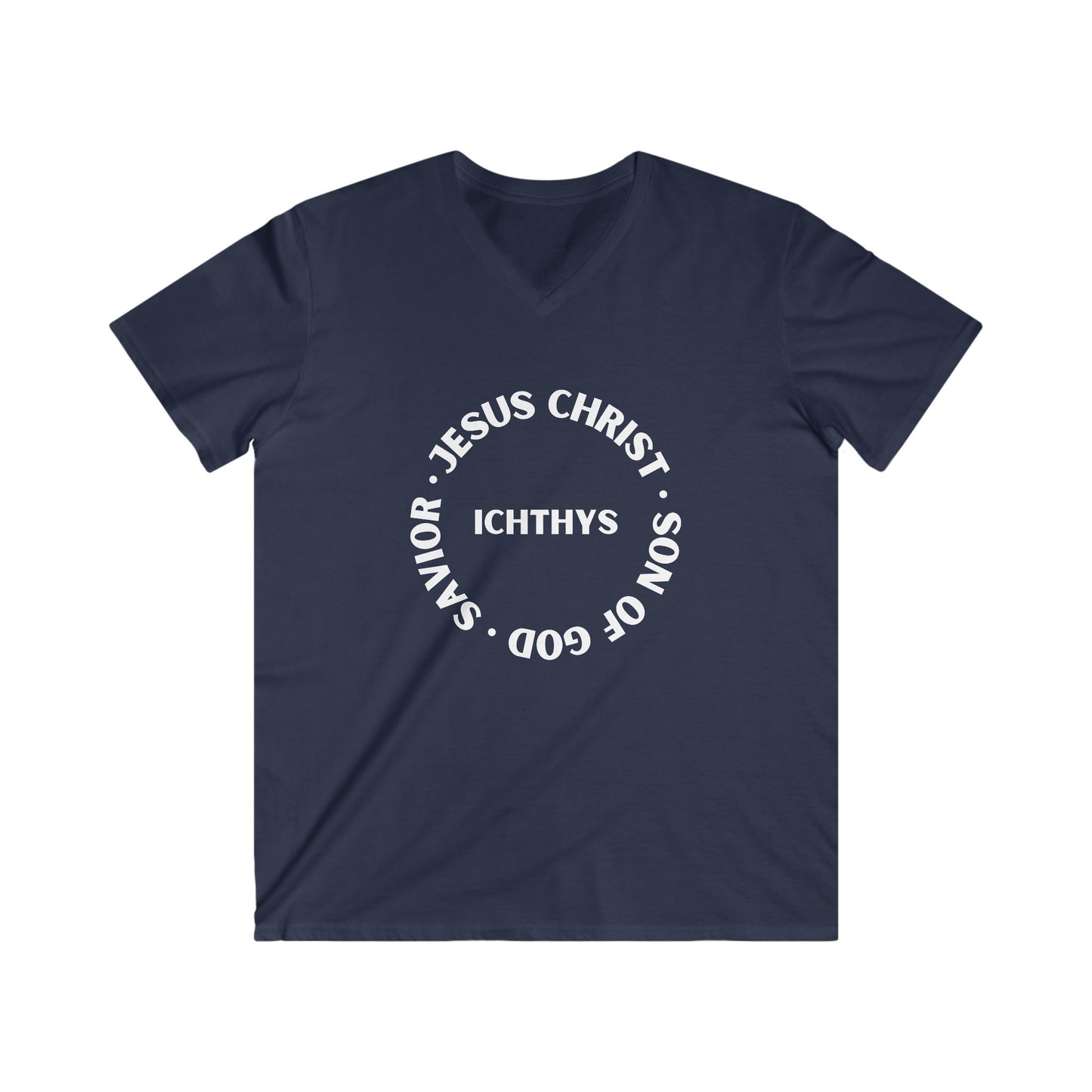 ICHTHYS 911 - Jesus Christ - Son of God - Savior Collection - Men's Fitted V-Neck Short Sleeve T - Shirt - Faith-Inspired - Christian Faith - White Font