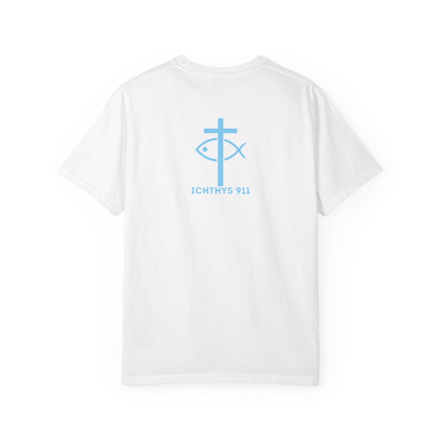 ICHTHYS 911 Blue Font "Iēsous Christos, Theou Yios, Sōtēr" - Reverse - Collection - Unisex - Christian Graphic Tee - Gym - T - Christian Faith - Jesus Wear - Women T-Shirt - Men T-Shirt