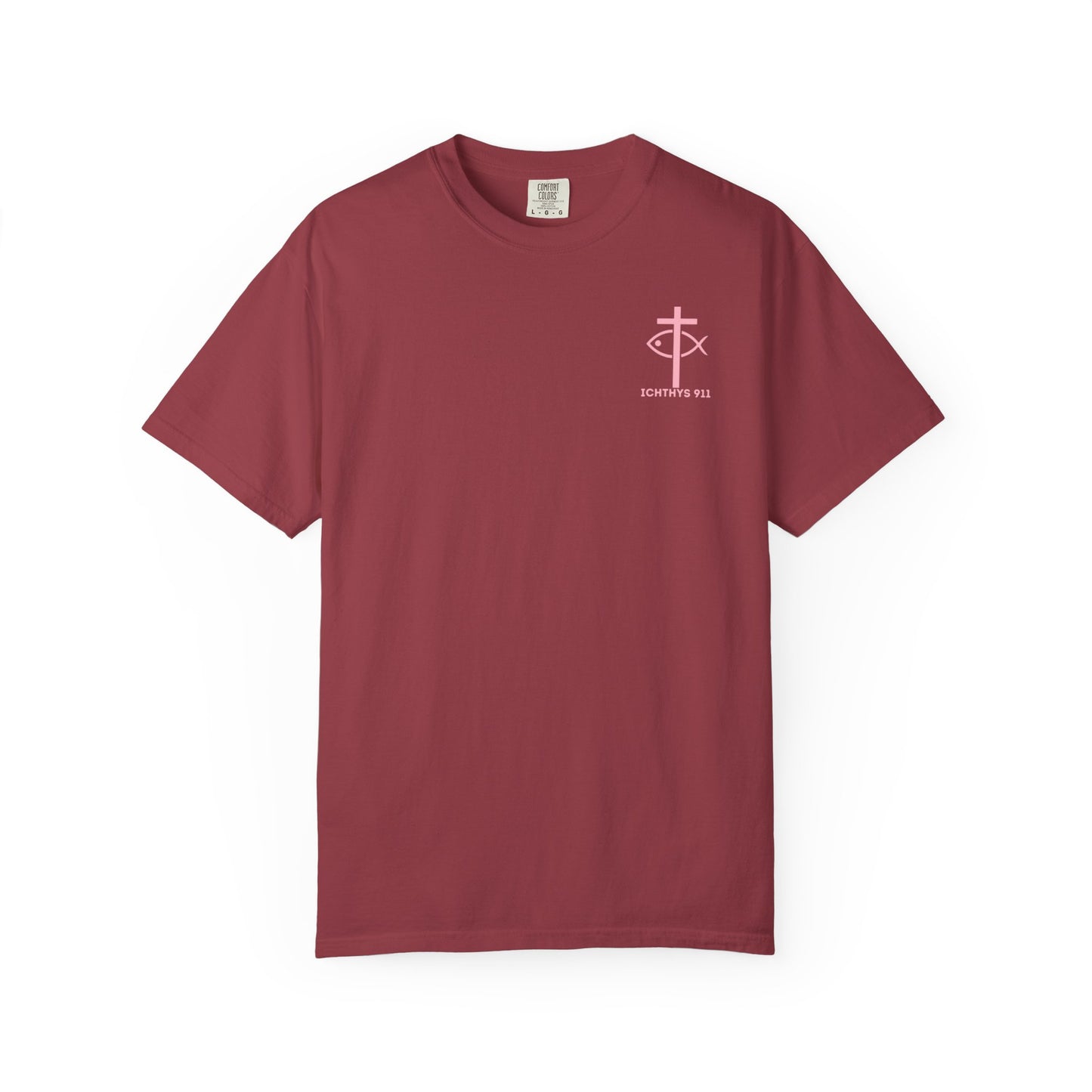 ICHTHYS 911 Pink Font "Badge Collection" - Unisex Garment Dyed T-Shirt 100% US Cotton - Christian Graphic Tee - Gym - T - Christian Faith - Jesus Wear - Women T-Shirt - Men T-Shirt - Garment Dyed