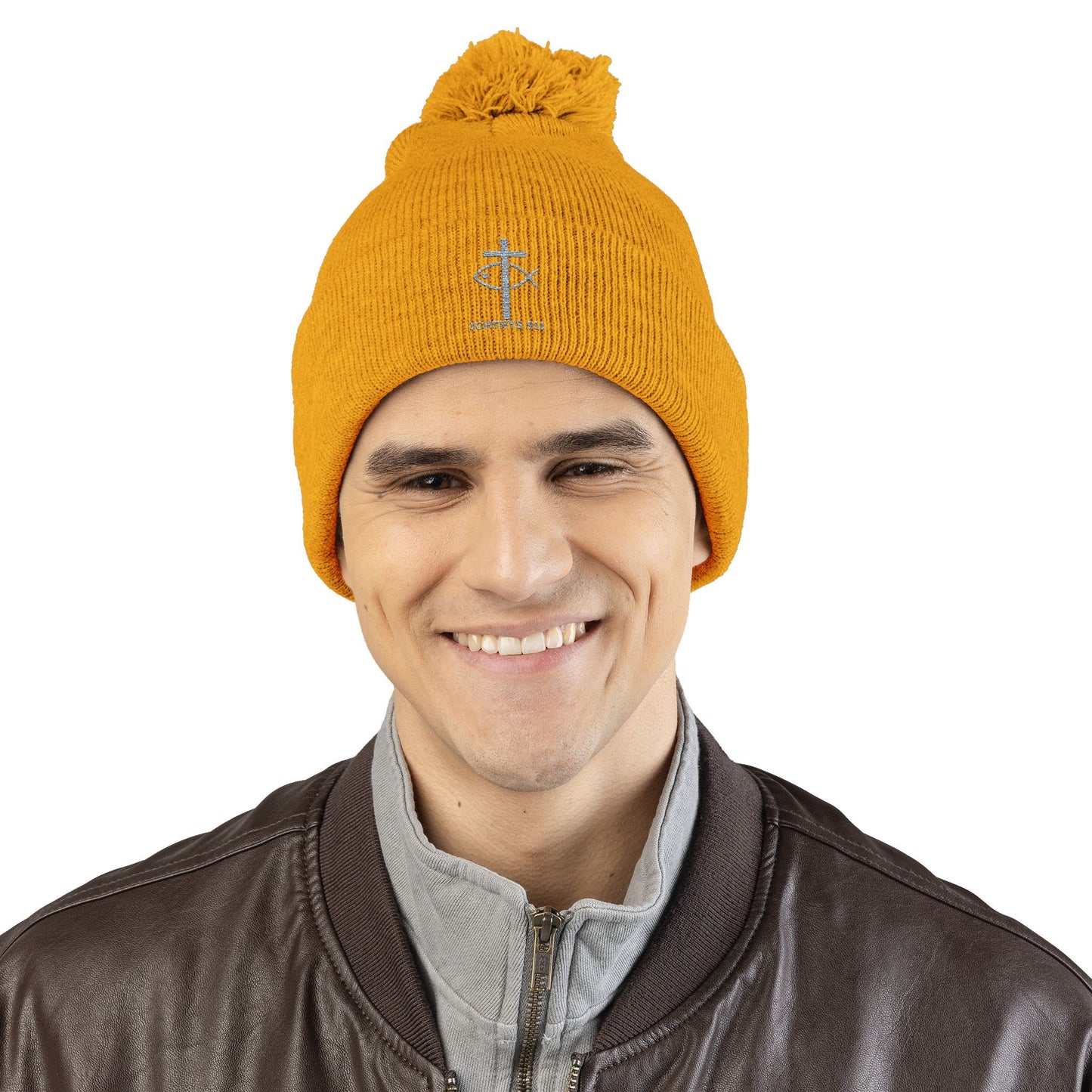 Cozy Pom-Pom Knit Cap | Winter Accessory with Embroidery - Christian Faith Wear - ICHTHYS 911 Design