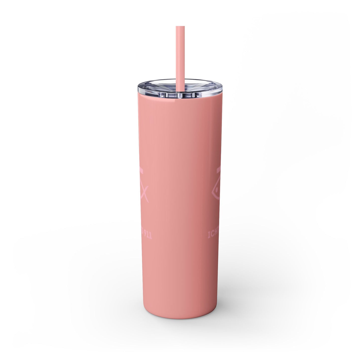 ICHTHYS 911 Pink Font Faith-Inspired Skinny Tumbler with Straw - 20oz