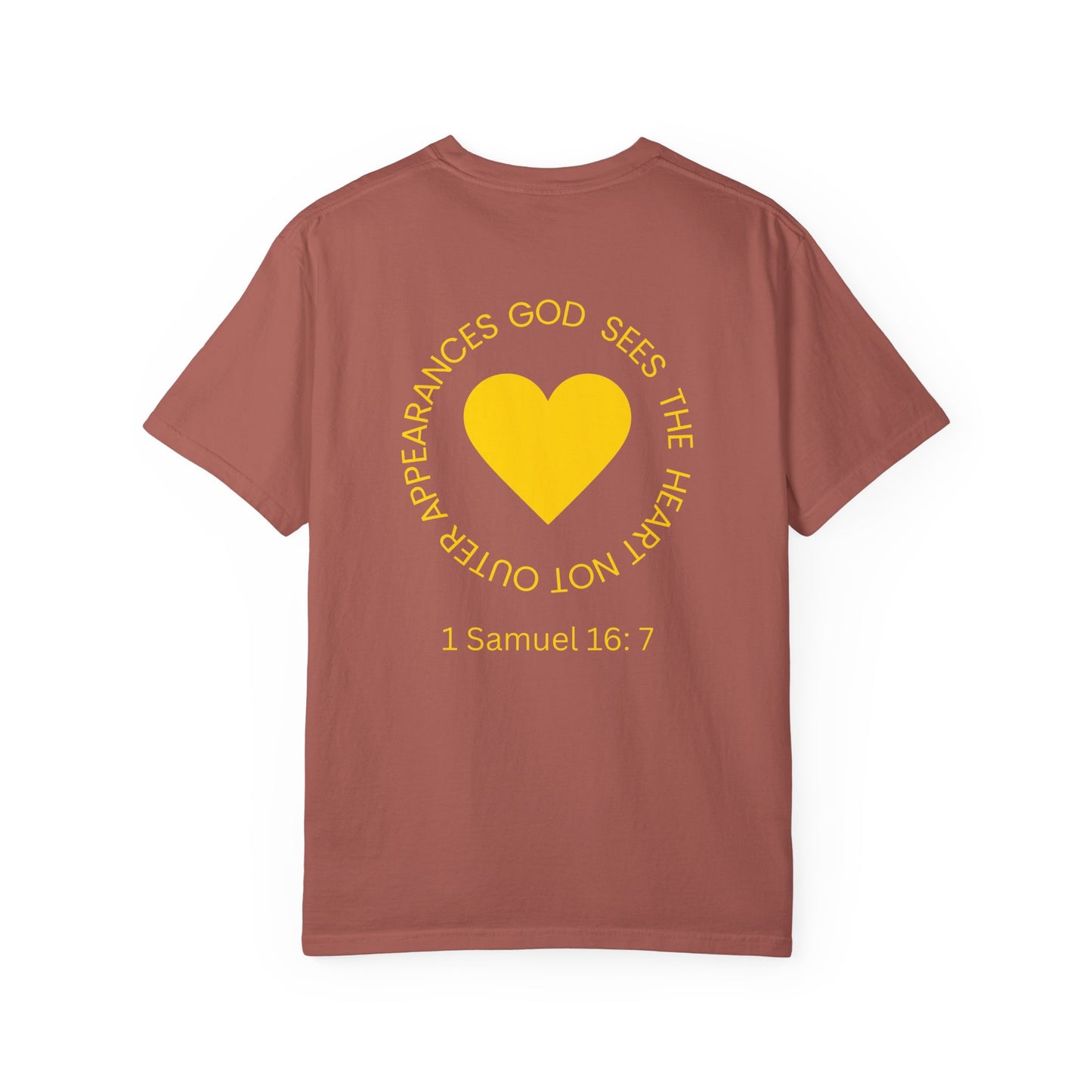ICHTHYS 911 - "God Sees the Heart" Reverse' Gold Font - Unisex Garment - Dyed T-Shirt - 100% US Cotton - Men T-Shirt - Women T-Shirt - Inspirational Graphic T-Shirt for Everyday Motivation