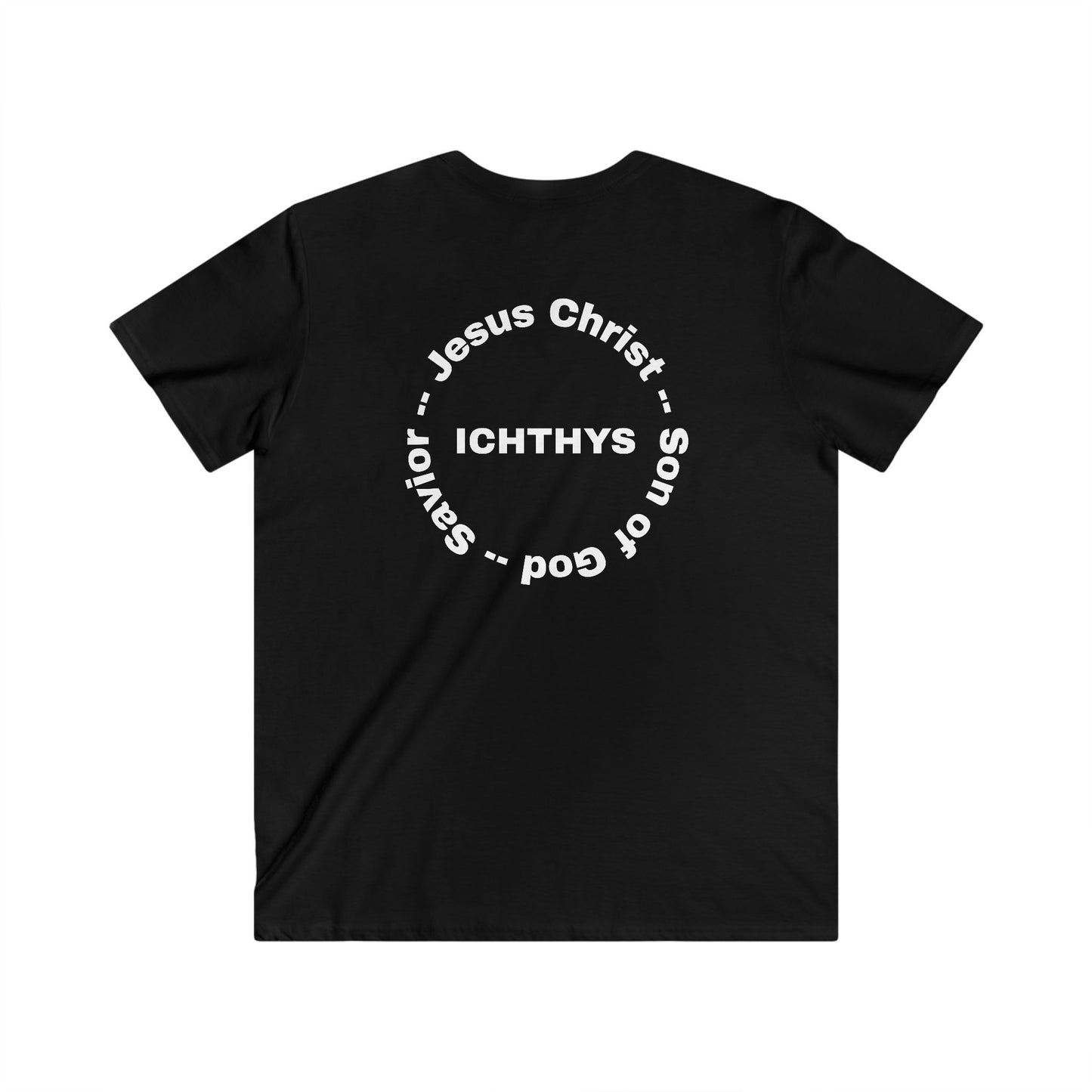 ICHTHYS 911 - Jesus Christ - Son of God - Savior Collection - Men's Fitted V-Neck Short Sleeve T - Shirt - Faith-Inspired - Christian Faith - White Font