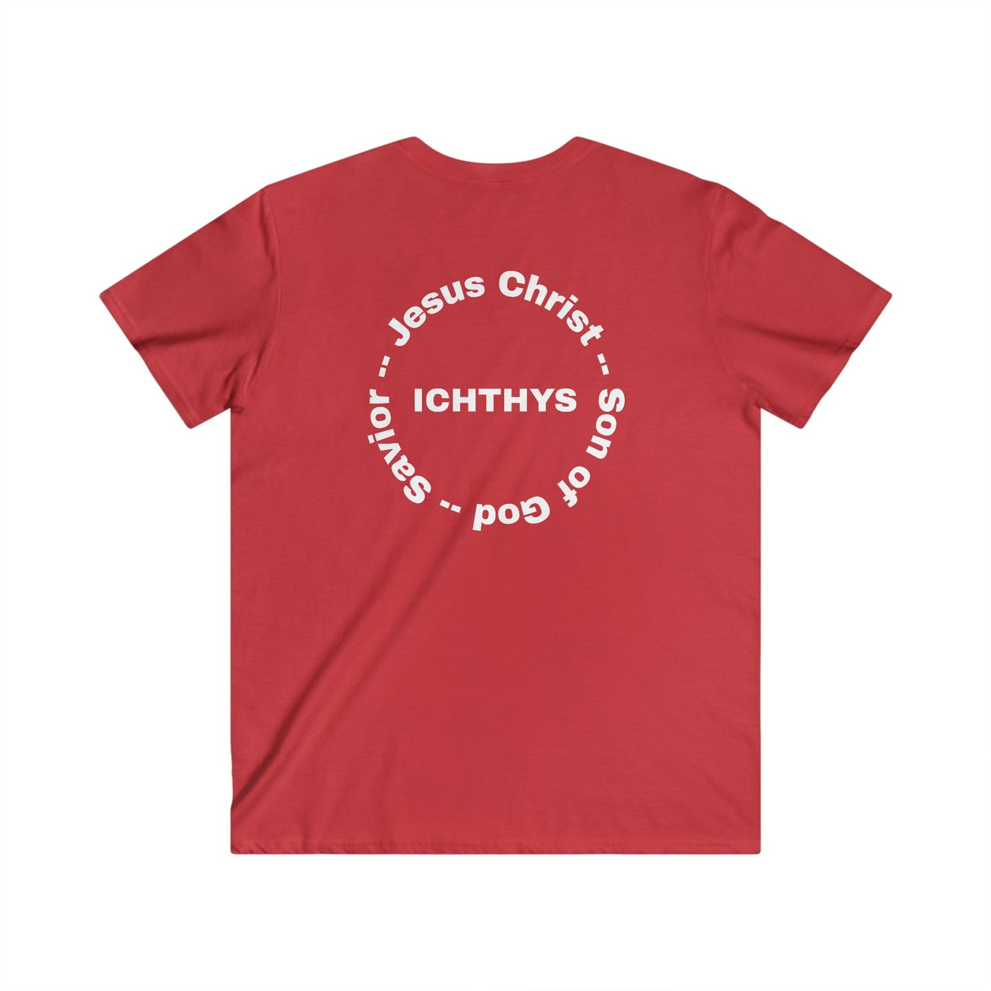 ICHTHYS 911 - Jesus Christ - Son of God - Savior Collection - Men's Fitted V-Neck Short Sleeve T - Shirt - Faith-Inspired - Christian Faith - White Font