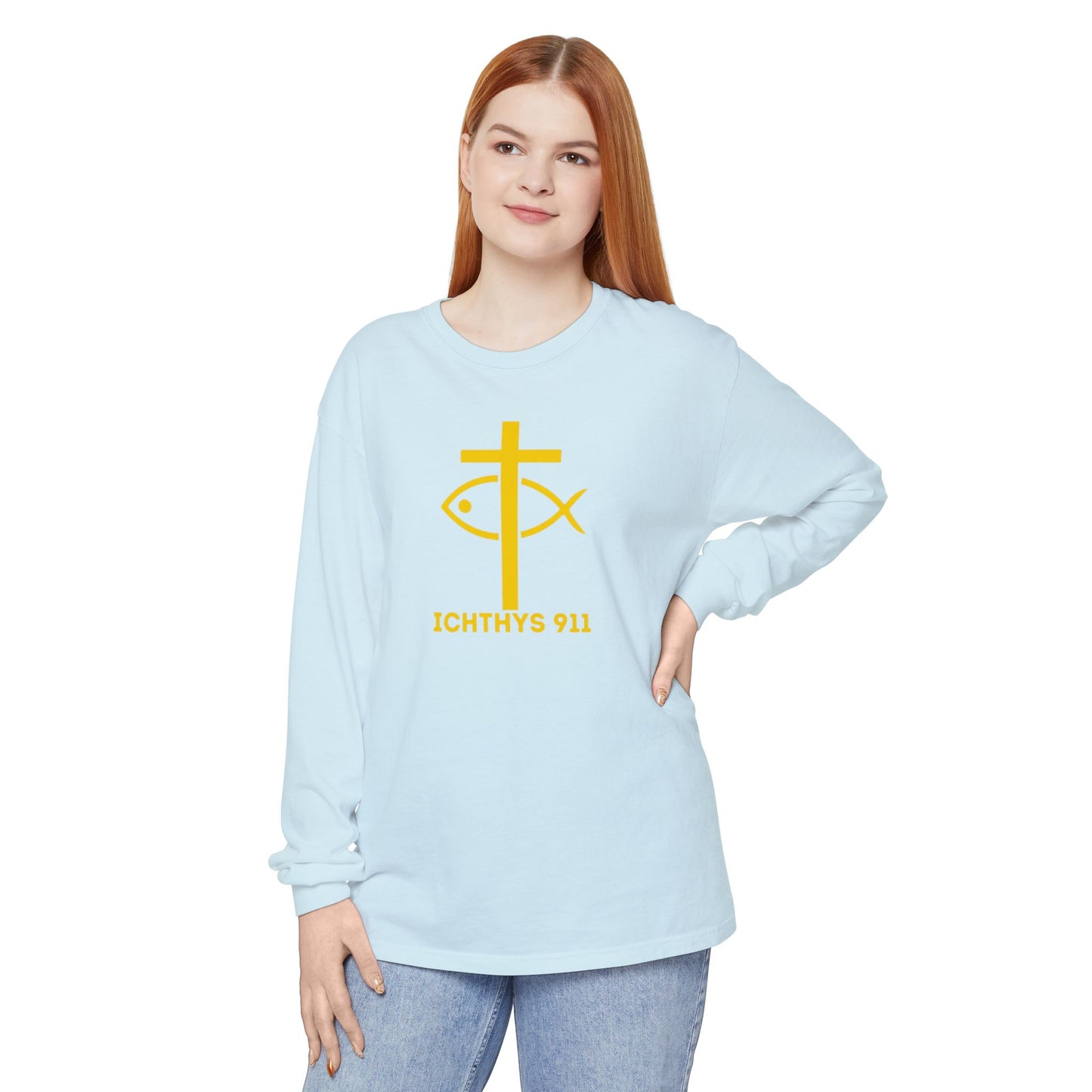 Authentic ICHTHYS 911 Collection -  Gold Font - Unisex Garment Dyed Long Sleeve T-Shirt - Men Long Sleeve - Women Long Sleeve - Christian Faith Symbol Tee - Faith Inspired