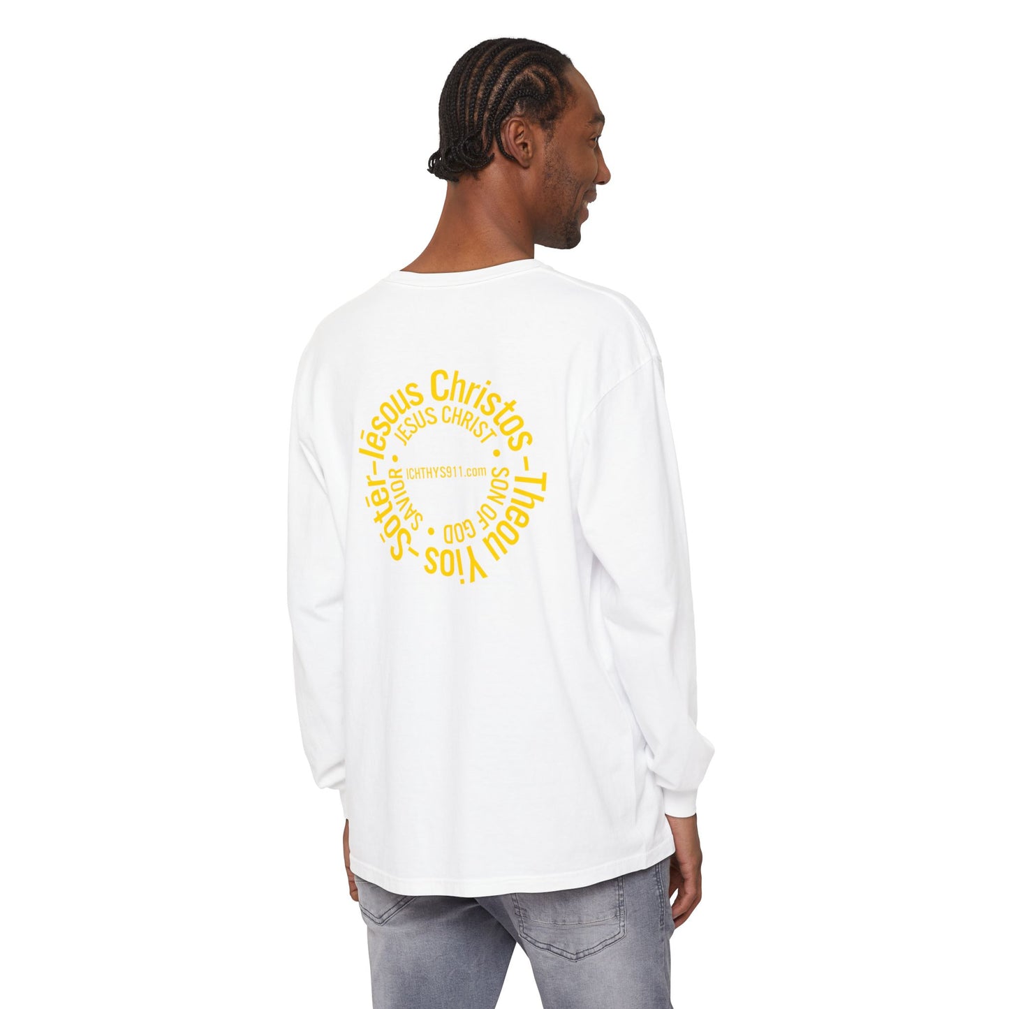 Authentic ICHTHYS 911 Collection -  Gold Font - Unisex Garment Dyed Long Sleeve T-Shirt - Men Long Sleeve - Women Long Sleeve - Christian Faith Symbol Tee - Faith Inspired
