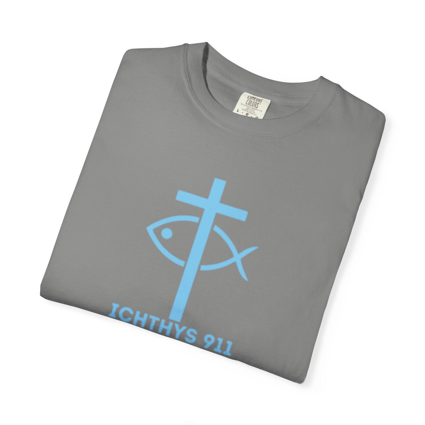 Iēsous Christos, Theou Yios, Sōtēr - Blue Font - Garment-Dyed Unisex T-Shirt - Men T-Shirt - Women T-Shirt - Christian Symbol - Greek - Faith Inspired -Christian Streetwear – Jesus Gym & Faith Fashion, Unisex Garment -ICHTHYS 911 - Additional Colors