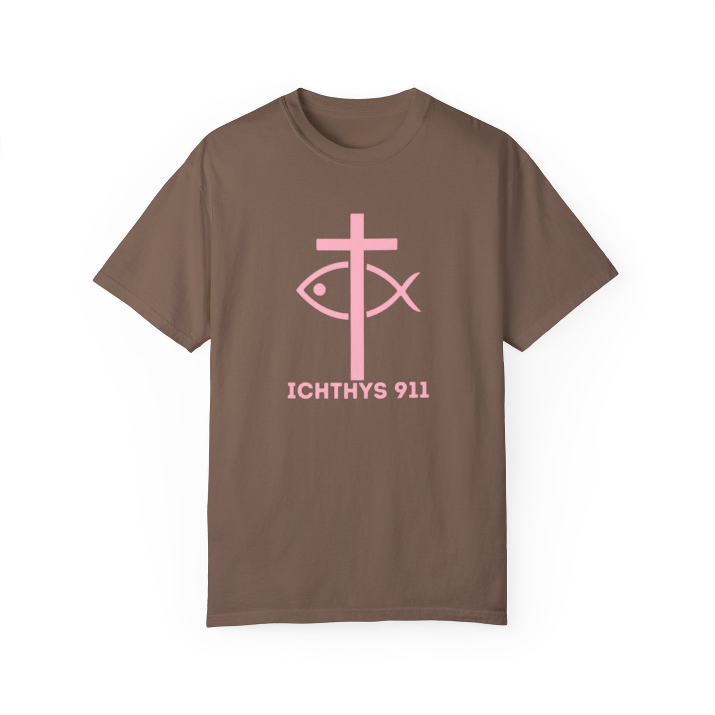 ICHTHYS 911 - Authentic - W/O IC 911 on Back -Christian Streetwear T-Shirt – Jesus Gym & Faith Fashion, Unisex Garment-Dyed T-Shirt Soft Pink Font