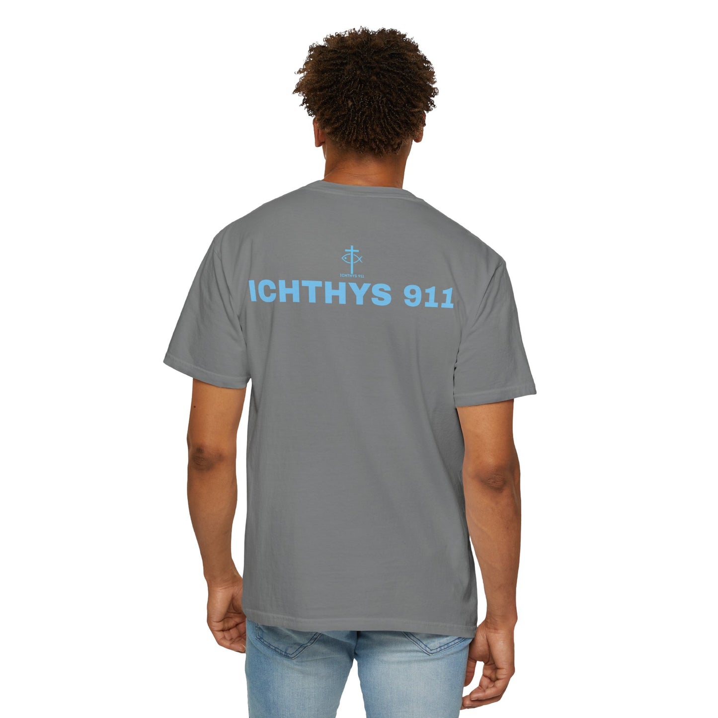 Authentic - Christian Streetwear T-Shirt – Jesus Gym & Faith Fashion, Unisex Garment-Dyed T-Shirt Blue Font - ICHTHYS 911