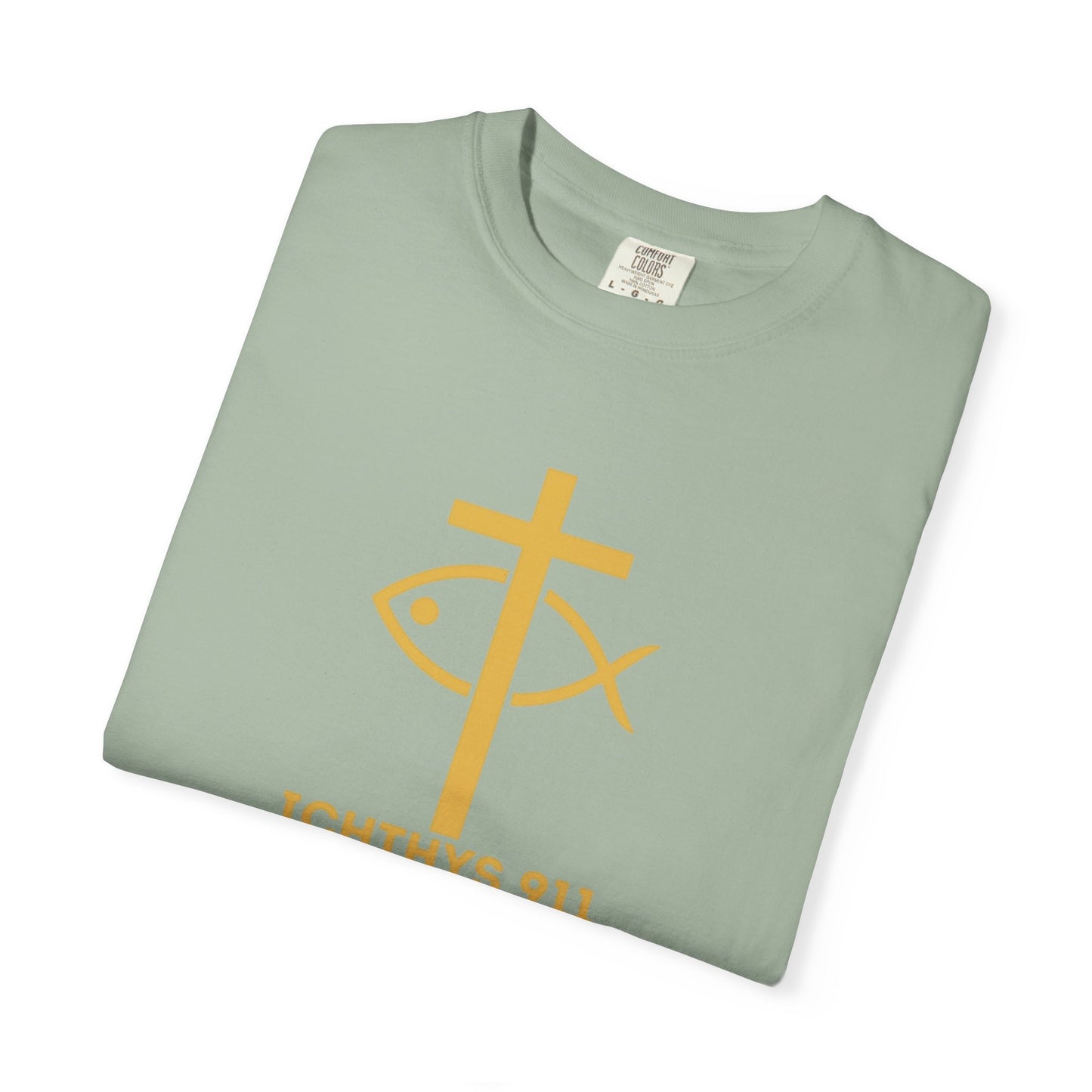 Iēsous Christos, Theou Yios, Sōtēr = Jesus Christ, Son of God, Savior - Gold Font - Unisex Garment Dyed T- Shirt - Men T-Shirt - Women T-Shirt - Christian Streetwear T-Shirt – Jesus Gym & Faith Fashion,ICHTHYS 911 -