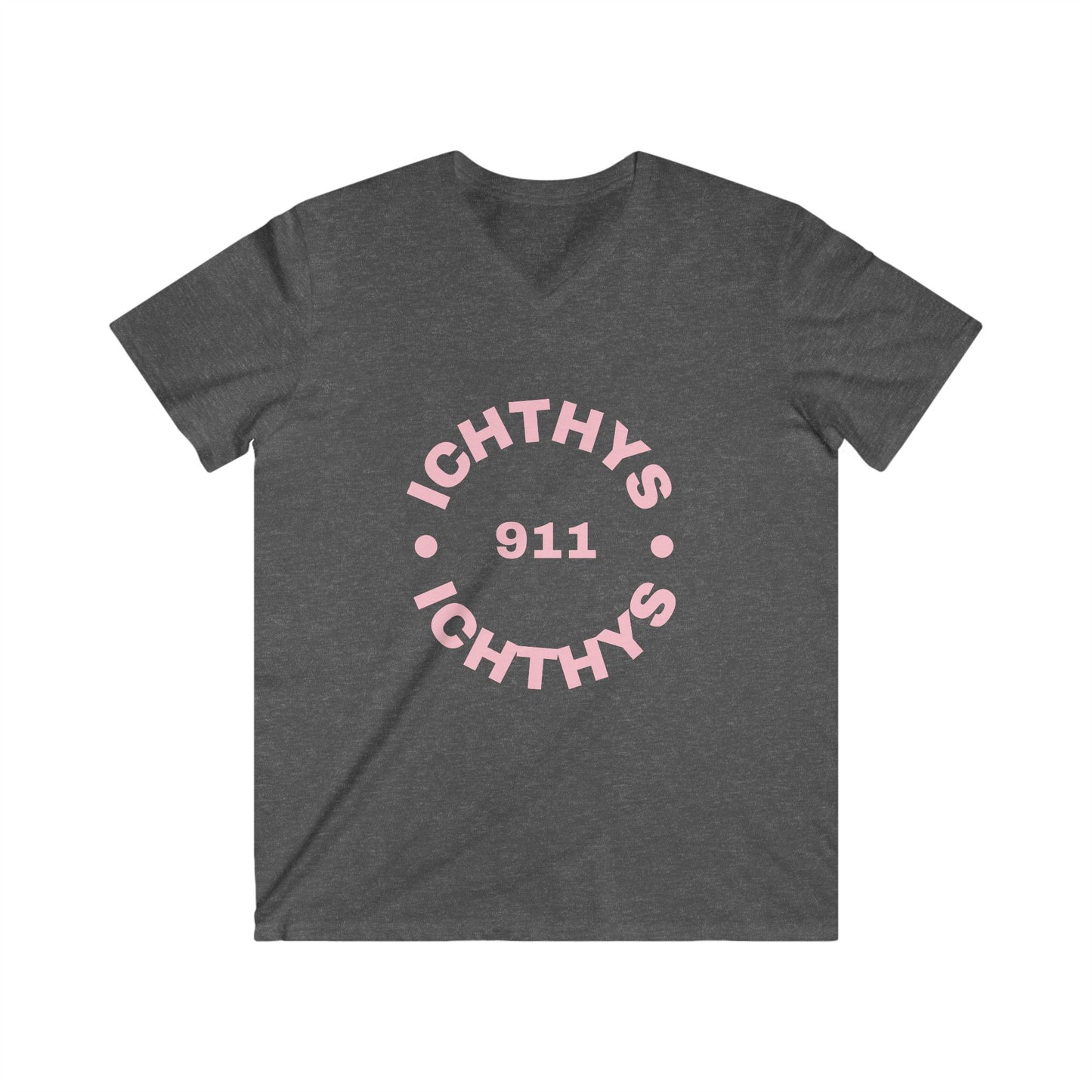 Authentic Round Collection - Reverse - Men's Fitted V-Neck Short Sleeve T - Shirt - Faith-Inspired - Christian Faith - Pink Font - ICHTHYS 911