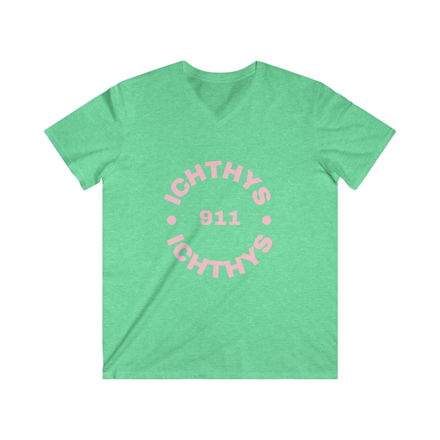 Authentic Round Collection - Reverse - Men's Fitted V-Neck Short Sleeve T - Shirt - Faith-Inspired - Christian Faith - Pink Font - ICHTHYS 911