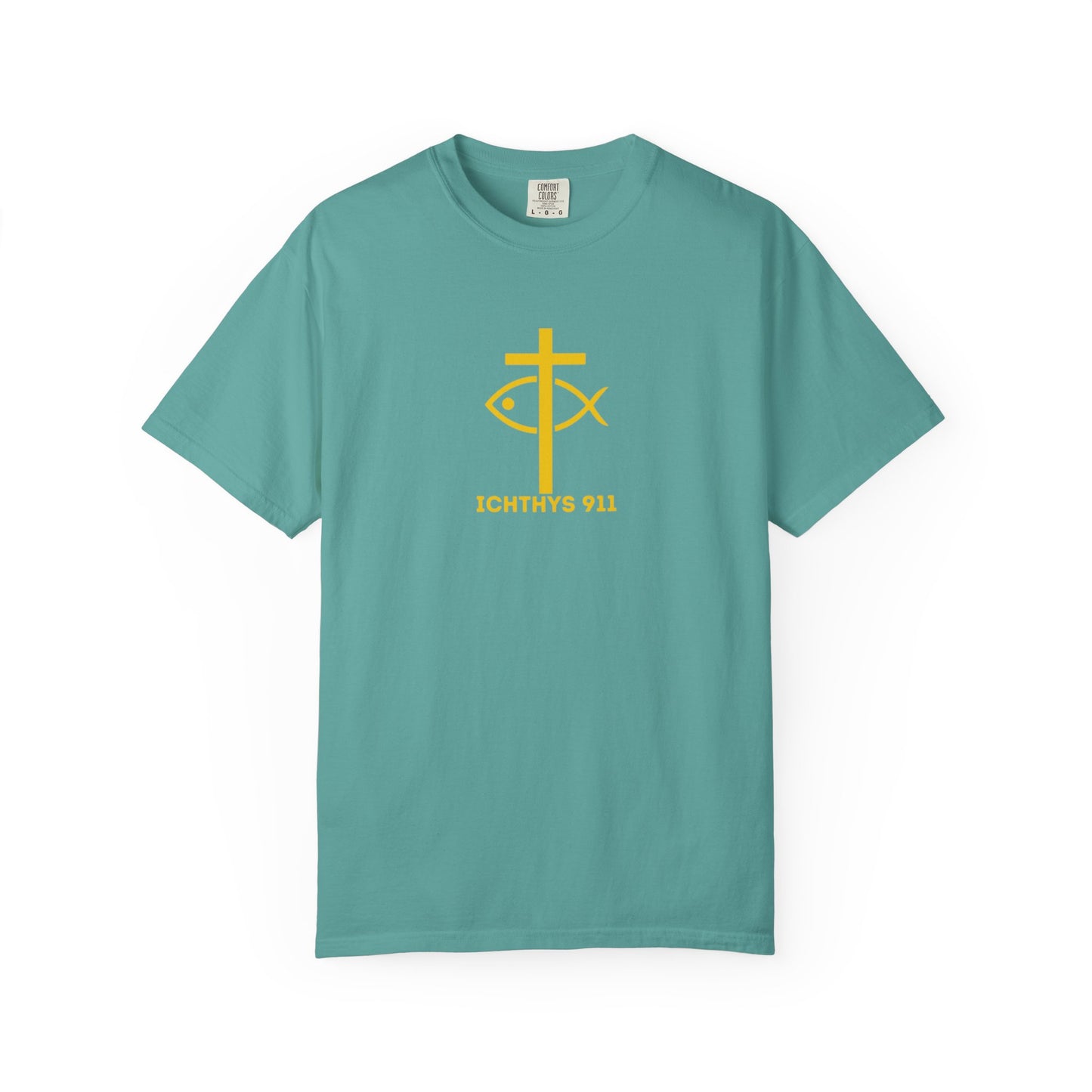 ICHTHYS 911 - "God Sees the Heart" Reverse' Gold Font - Unisex Garment - Dyed T-Shirt - 100% US Cotton - Men T-Shirt - Women T-Shirt - Inspirational Graphic T-Shirt for Everyday Motivation